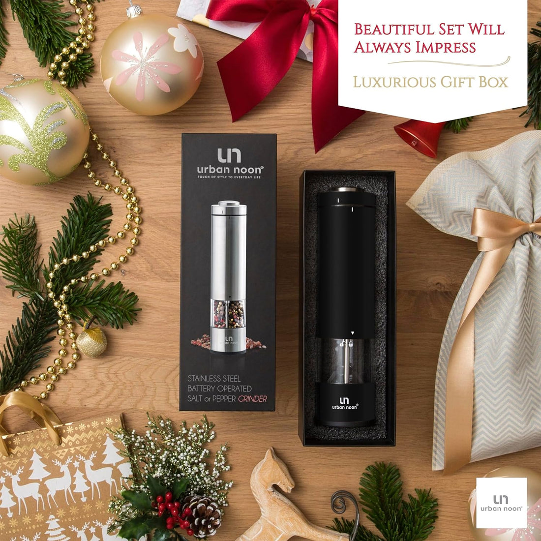 Electric Salt and Pepper Grinder - Battery Operated Stainless Steel Pepper Mill with Light (Black) - Automatic One Handed Operation - Electronic Adjustable Shaker - Ceramic Grinder