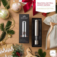 Electric Pepper Grinder or Salt Grinder - Battery Operated Stainless Steel Pepper Mill with Light - One Handed Operation - Adjustable Ceramic Grinder