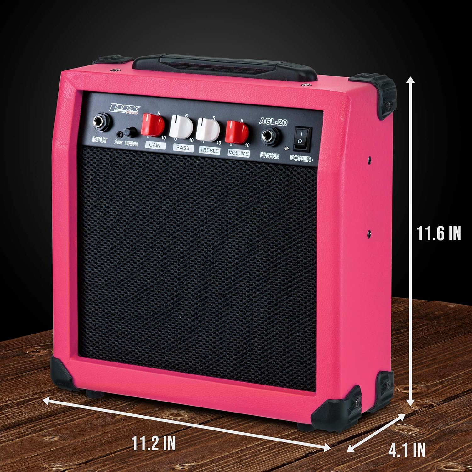 LyxPro Electric Guitar Amp 20 Watt Amplifier Built In Speaker Headphone Jack And Aux Input Includes Gain Bass Treble Volume And Grind - Pink