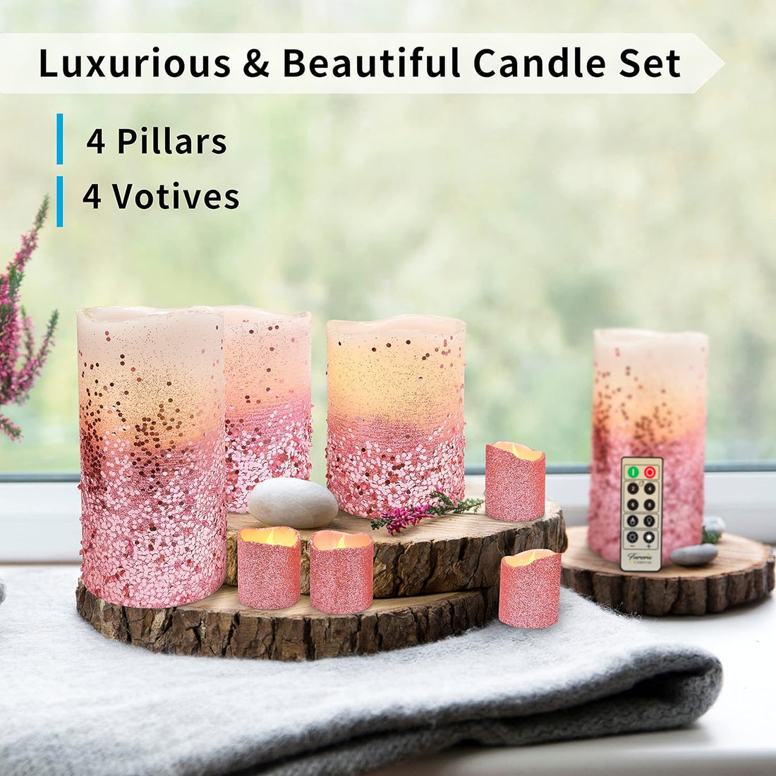FURORA LIGHTING LED Flameless Candles with Remote – Battery-Operated Flameless Candles Bulk Set of 8 Fake Candles – Small Flameless Candles & Christmas Centerpieces for Tables, Rose Gold Glittery