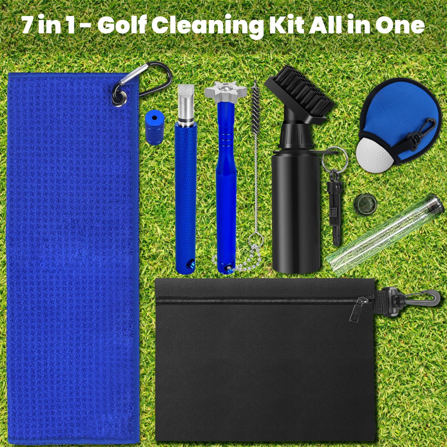 KEMETIK Golf Cleaning Tool, 2 Golf Club Groove Sharpener for U & V-Grooves, Golf Club Brush Cleaner, Golf Towel, Golf Ball Washer Pouch and Golf Tee Pouch，Golf Accessories, Golf Gifts for Men or Women
