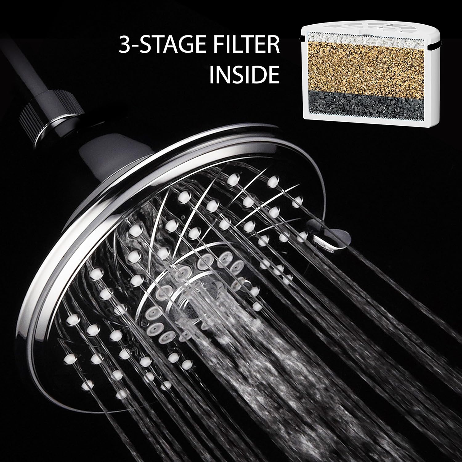 HOTEL SPA - Shower Head High Pressure with Shower Filter - 6 Inch Rain Shower Head - 3-Stage, Showerhead Filter for Hard Water, 6-Setting, Ultra-Luxury, Showerspa (Chrome)