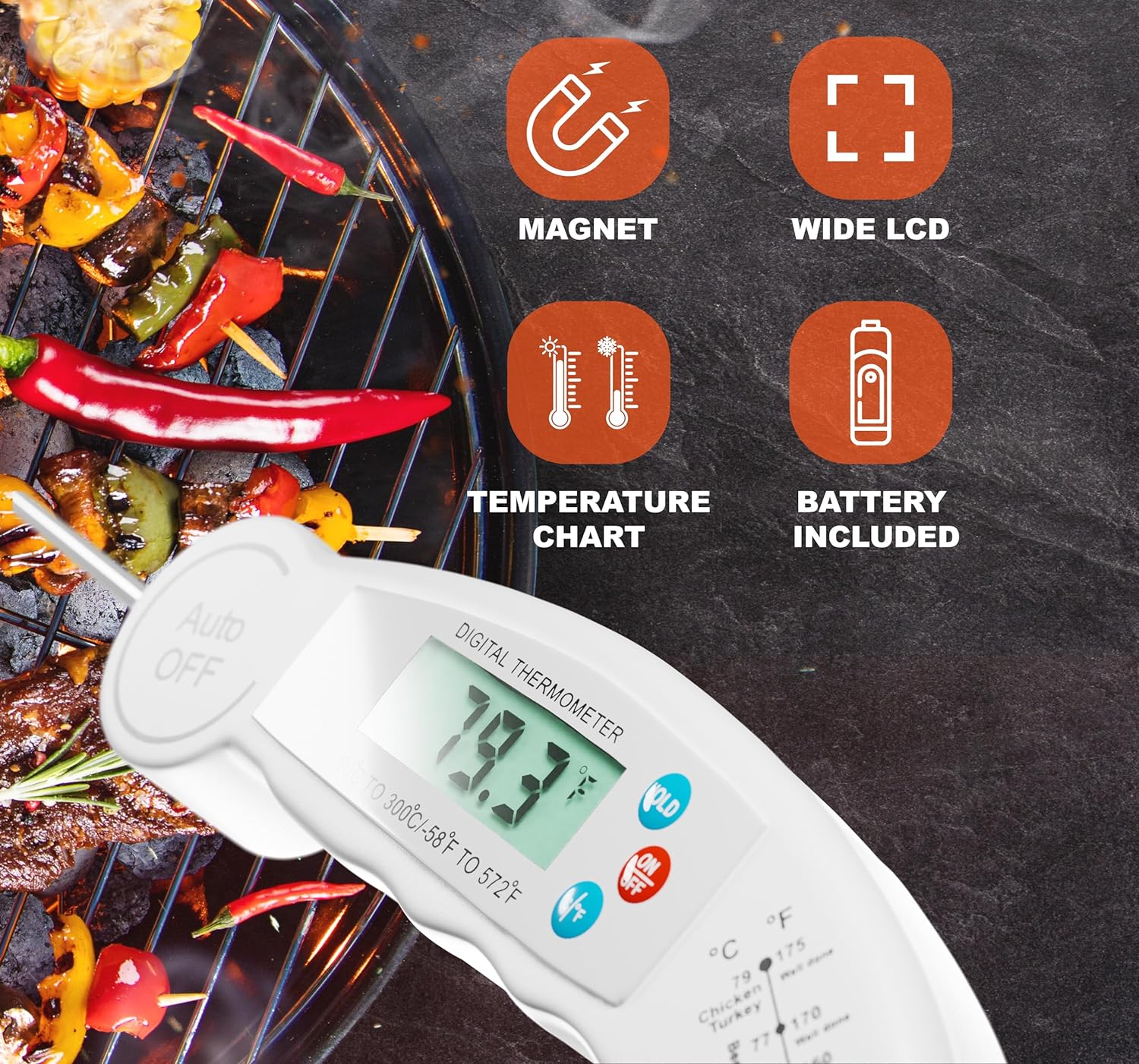 Meat Thermometer Digital - Food Thermometer for Cooking and Baking, Grill Meat Temperature Probe, Liquids, BBQ, Chicken, Steak, Kitchen Gadgets and Grilling Accessories (White)