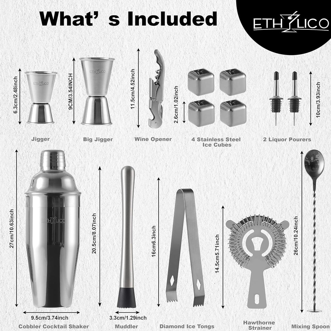 ETHYLICO Cocktail Shaker Kit | Barware Tool Set | Professional 15 piece Bartender Kit with Natural Bamboo Stand - 55 Cocktail Recipe Book Included - Silver