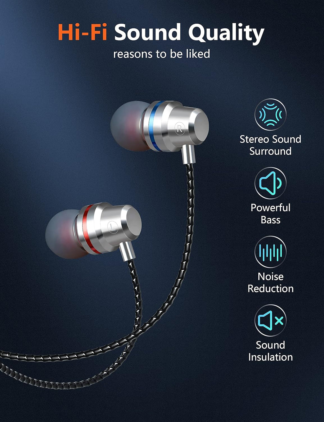 arsvita Wired Earbuds in-Ear Noise Cancelling Headphones with Microphone, Deep Bass Stereo Sound, Volume Control, Compatible for All 3.5mm Interface Devices, Phone, Tablet, MP3 MP4 Playe, Silver