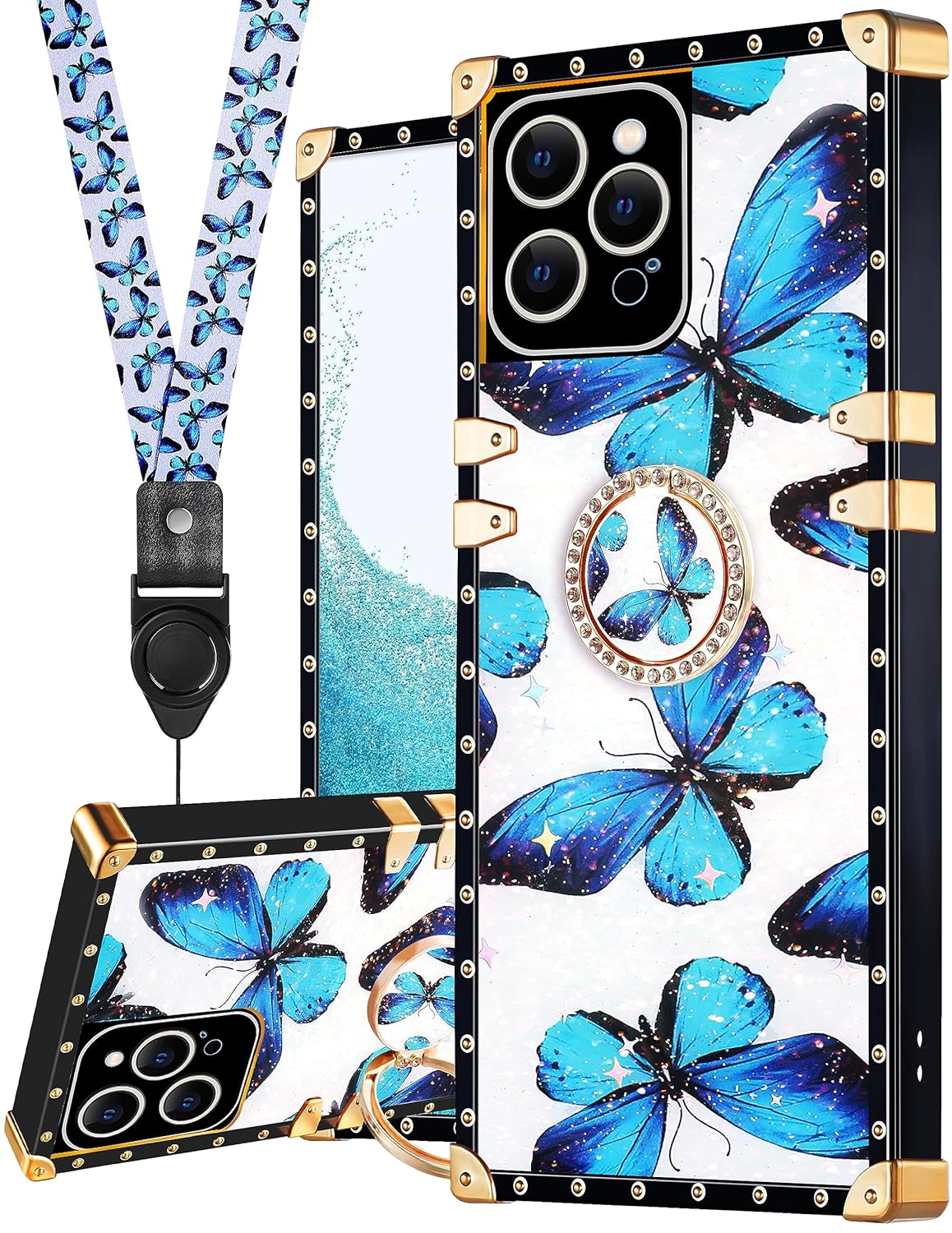 Loheckle for Square iPhone 11 Pro Max Case, Designer Retro Luxury Cases for Women with Ring Stand Holder and Lanyard, Stylish Butterfly Cute Cover for iPhone 11 Pro Max 6.5 Inch