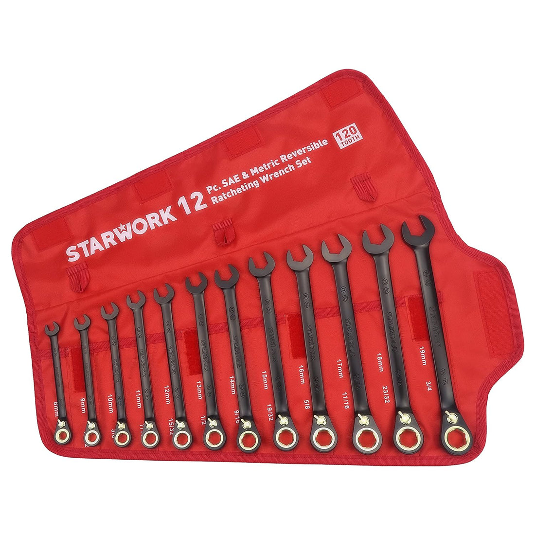 STARWORK TRUE MECHANIC™ 12Pc. 120T Reversible SAE&Metric Ratcheting Wrench Set, Long Pattern, Professional, With Portable Roll-Up Pouch Bag