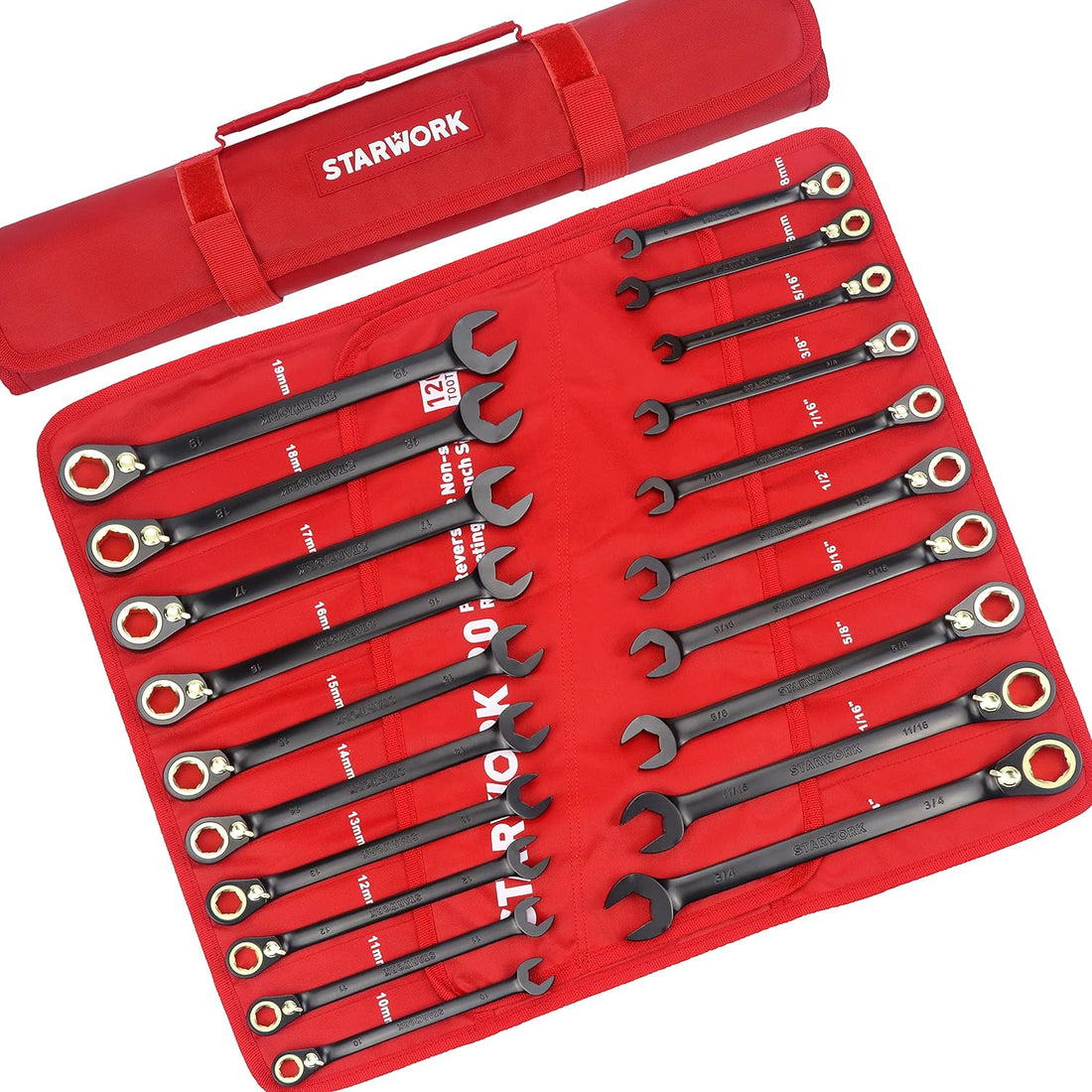 STARWORK TRUE MECHANIC™ 20 Pc. 120T Reversible Ratcheting Combination Wrench Set, Long Pattern, SAE, Metric, Professional, With Portable Roll-Up Pouch Bag