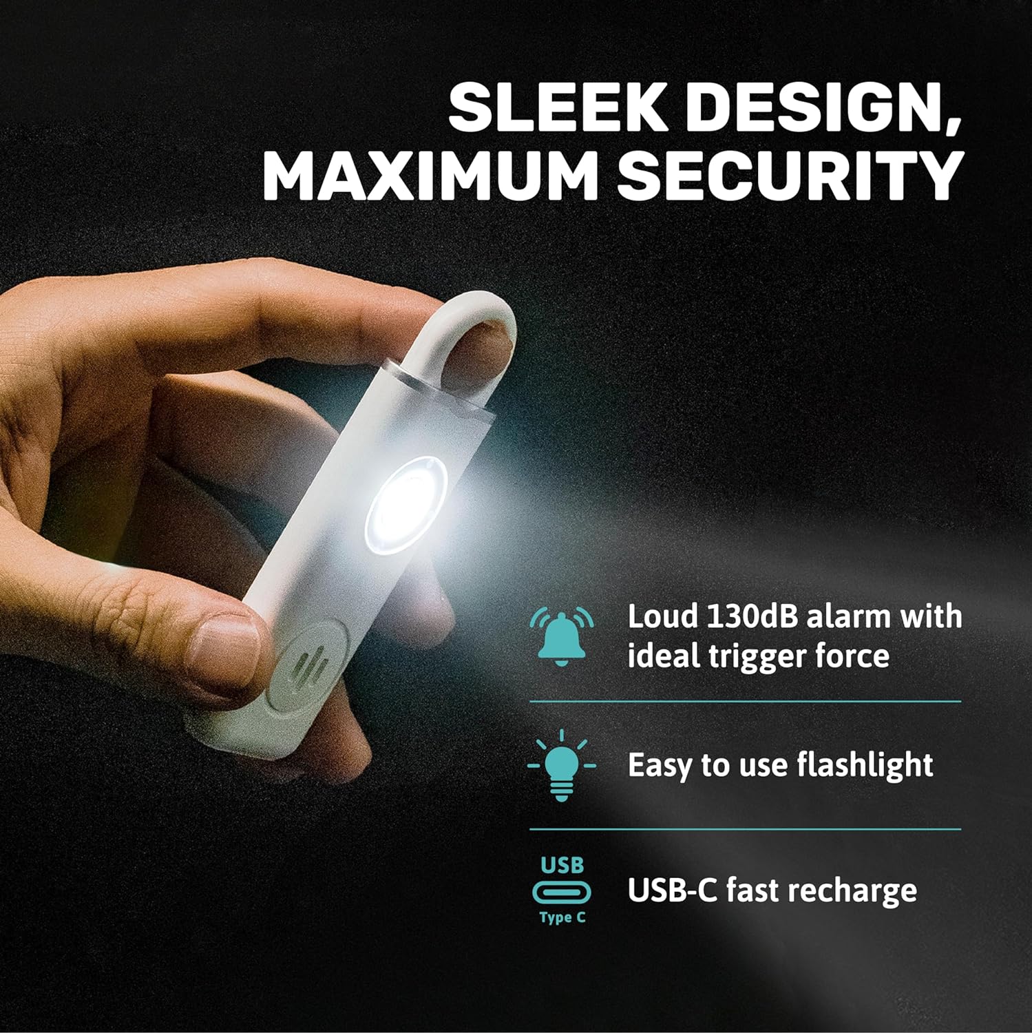 Personal Safety Alarm for Women with LED Flashlight. Safety Improved for Jogger, Walking Pets, and Outdoor Traveling. 130db Loud Siren, USB Type-C Rechargeable. (Smoky Black)