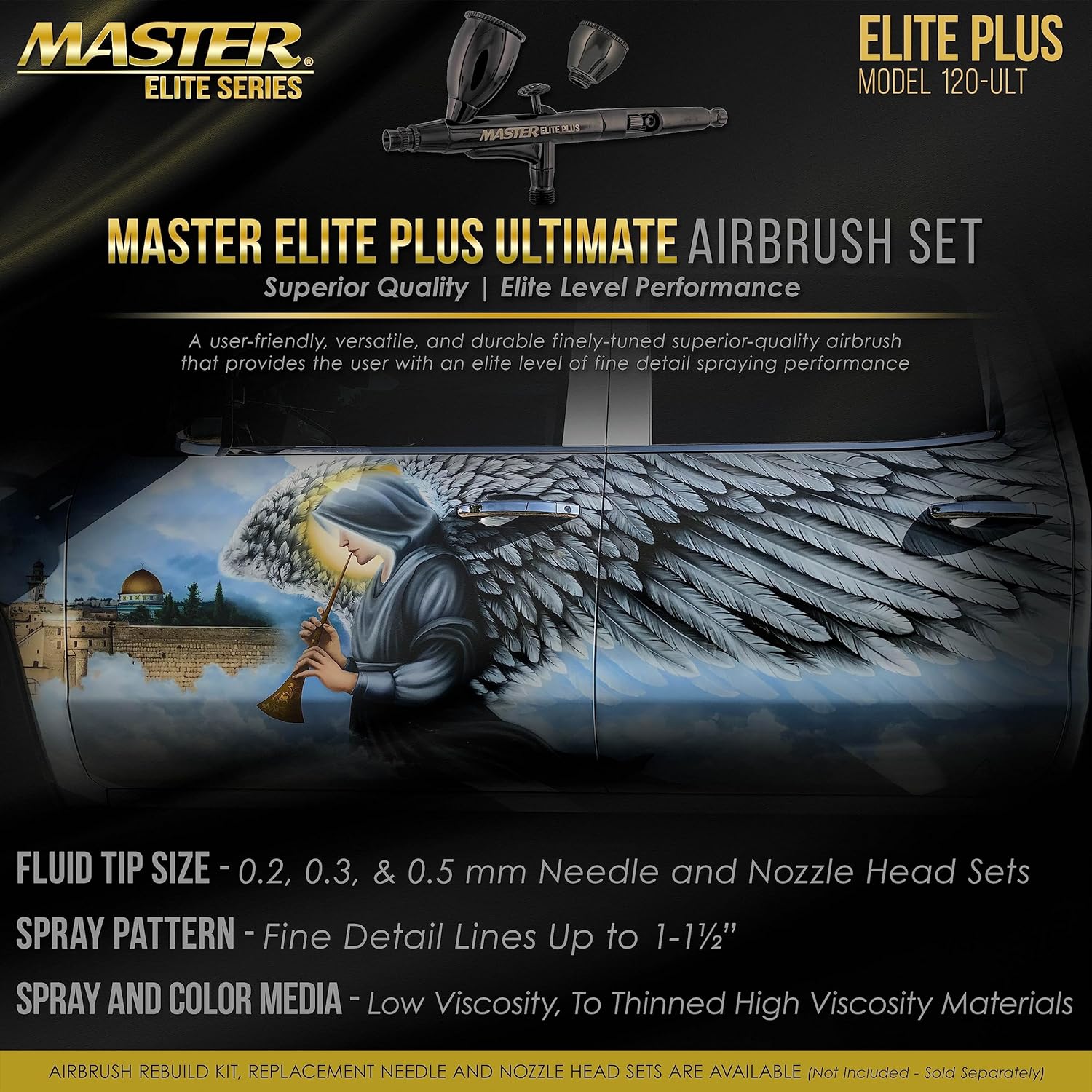 Master Elite Plus Ultimate Airbrush Set, Model 120 - Elite Level Spray Performance Dual-Action Gravity Feed Airbrush Kit with 3 Tips 0.2, 0.3 and 0.5 mm, 2 Cups, Filter, Case - Auto Art Cake Hobby