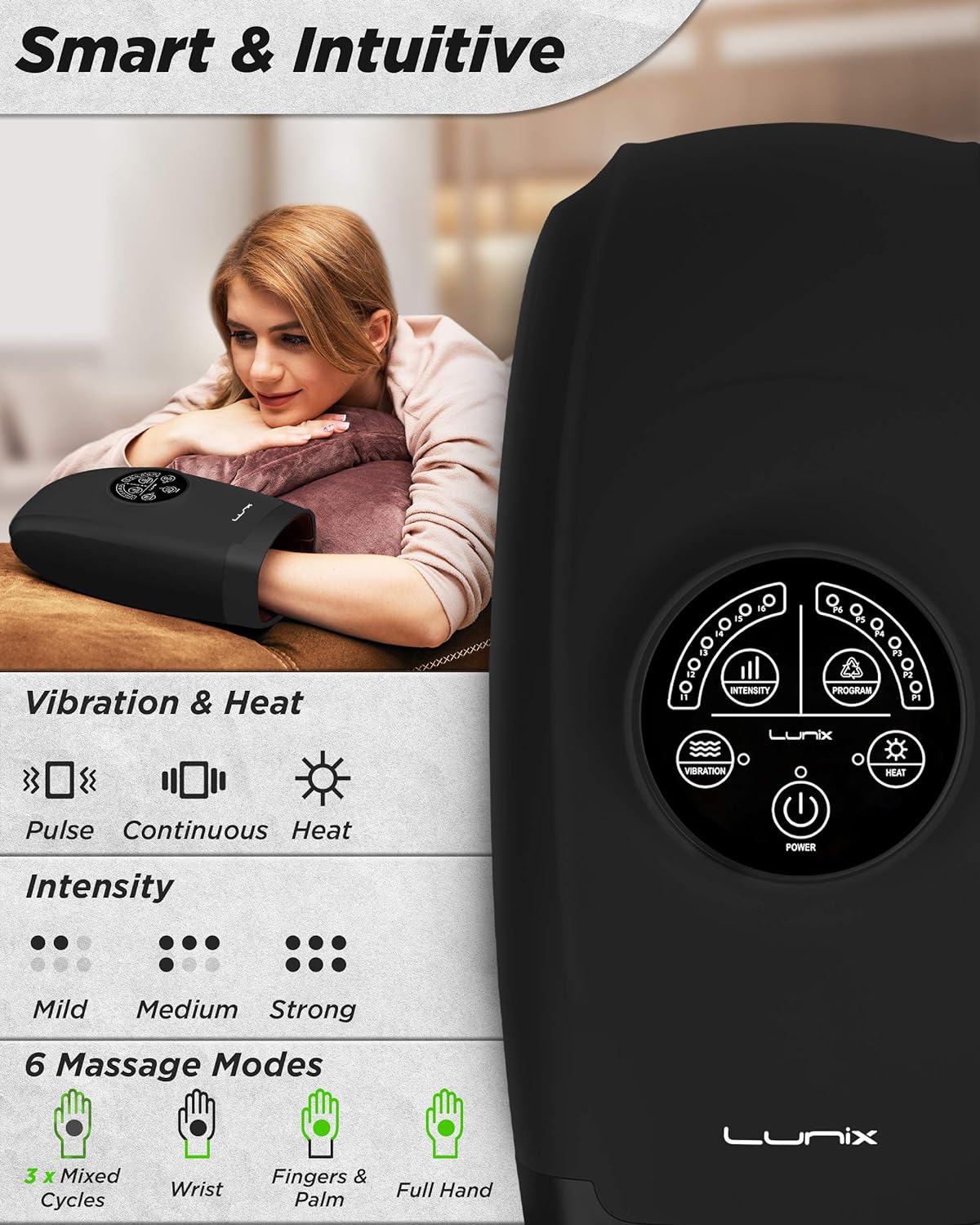 Lunix Cordless Electric Hand Massager - 6 Levels Pressure Point Therapy Massager for Arthritis, Pain Relief, Carpal Tunnel and Finger Numbness - Shiatsu Massage Machine with Heat - Black