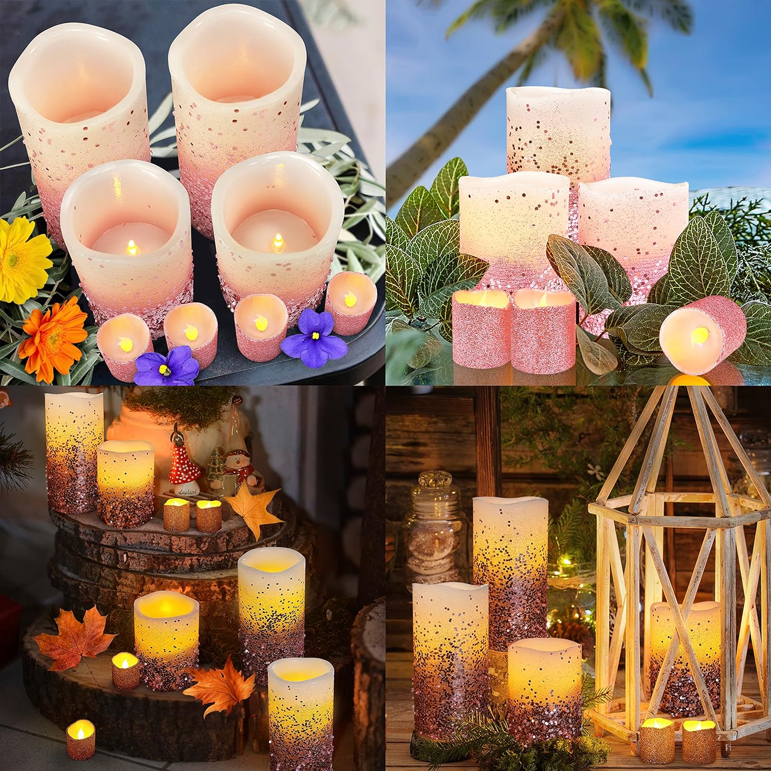 FURORA LIGHTING LED Flameless Candles with Remote – Battery-Operated Flameless Candles Bulk Set of 8 Fake Candles – Small Flameless Candles & Christmas Centerpieces for Tables, Rose Gold Glittery