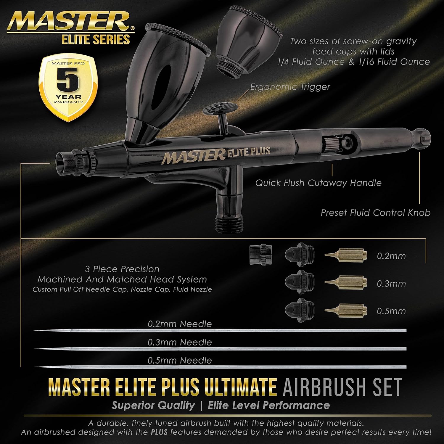 Master Elite Plus Ultimate Airbrush Set, Model 120 - Elite Level Spray Performance Dual-Action Gravity Feed Airbrush Kit with 3 Tips 0.2, 0.3 and 0.5 mm, 2 Cups, Filter, Case - Auto Art Cake Hobby