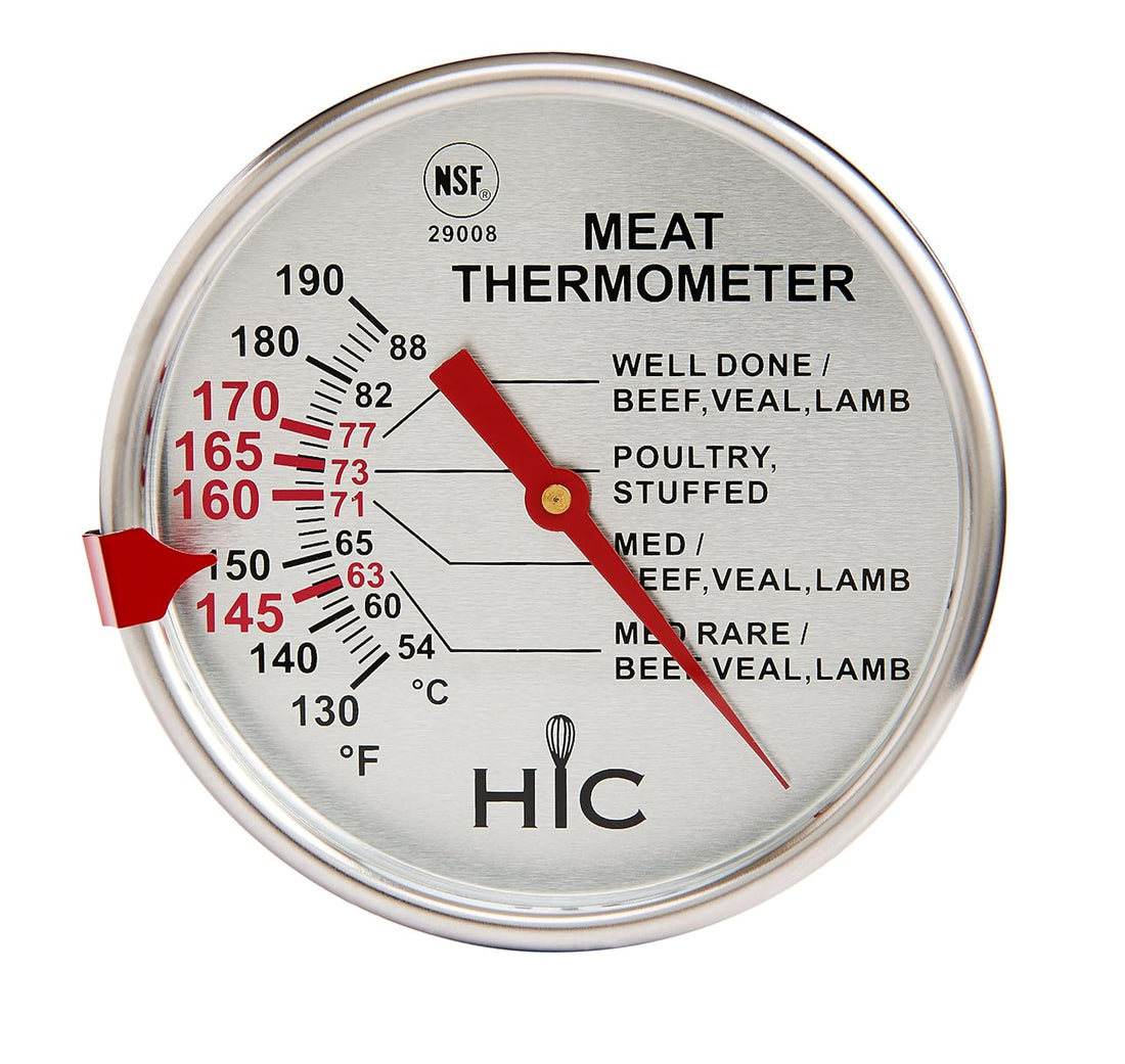 HIC Roasting Meat Poultry Turkey Grill Thermometer, Oven Safe, Large 3-Inch Easy-Read Face, Stainless Steel Stem and Housing