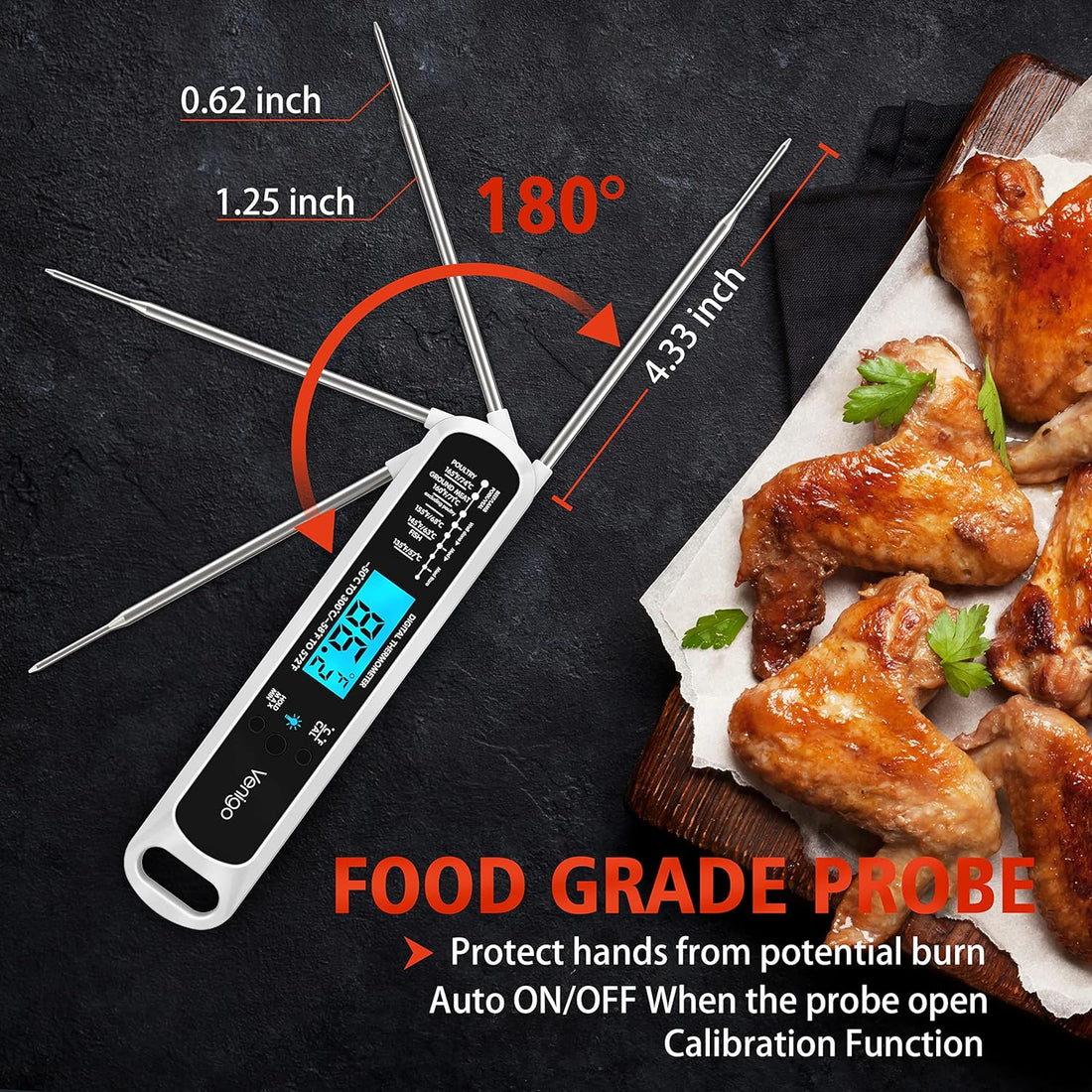 Venigo Digital Meat and Food Thermometer for Cooking and Grilling, Waterproof Instant-Read Cooking Thermometer, Kitchen Probe Thermometer for Baking, Roasting, Smoking, Deep Frying (White)