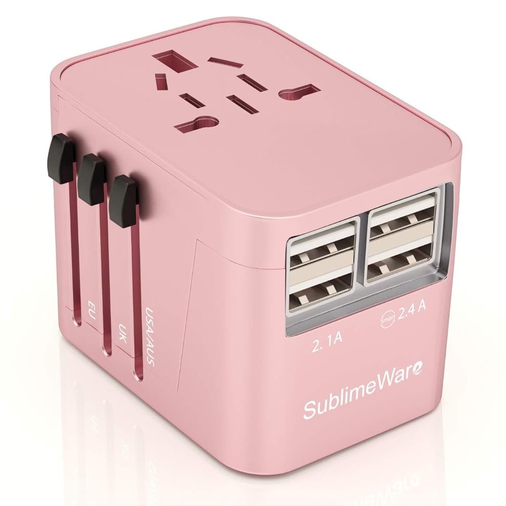 Power Plug Adapter - International Travel (Rose Gold)- w/4 USB Ports Work for 150+ Countries - 220 Volt Adapter - Travel Adapter Type C Type A Type G Type I for UK Japan China EU Europe European