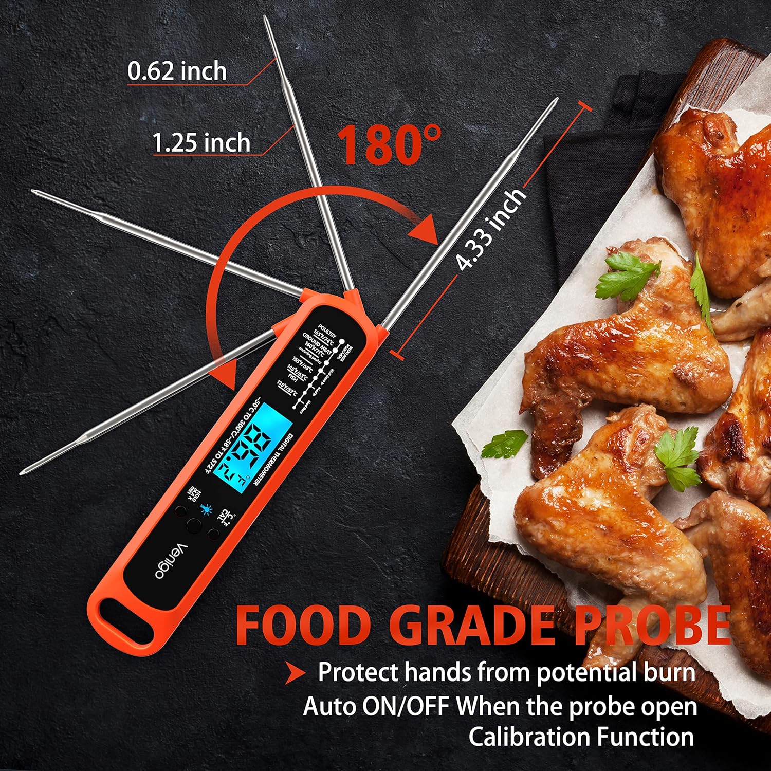 Venigo Digital Meat and Food Thermometer for Cooking and Grilling, Waterproof Instant-Read Cooking Thermometer, Kitchen Probe Thermometer for Baking, Roasting, Smoking, Deep Frying (Orange)