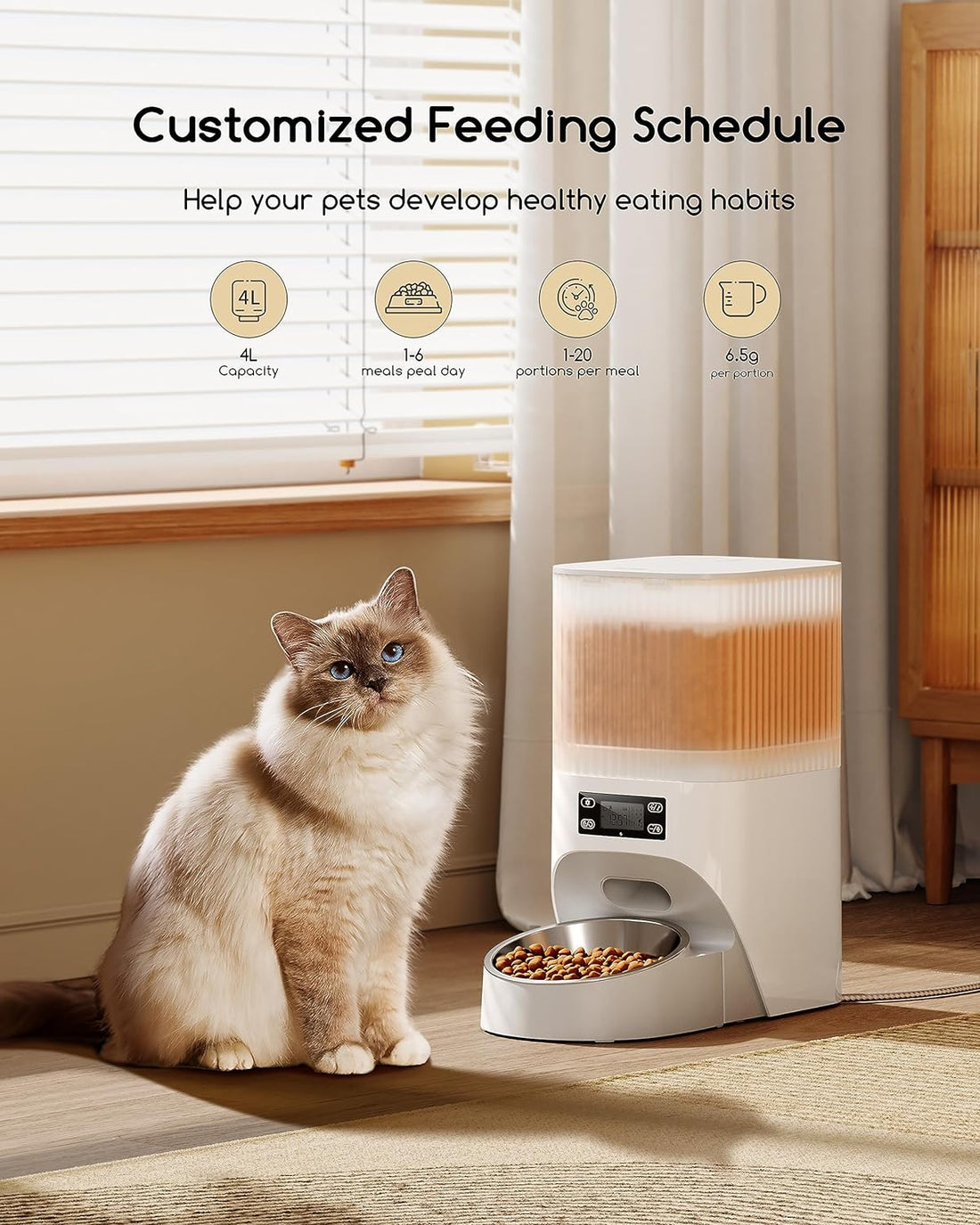 Faroro Automatic Cat Food Dispenser, 4L/17 Cups Timed Dry Food Dispenser for Cats Dogs with Programmable Portion Control, up to 40 Portions, 6 Meals Per Day, Dual Power Supply, 10s Voice Recorder