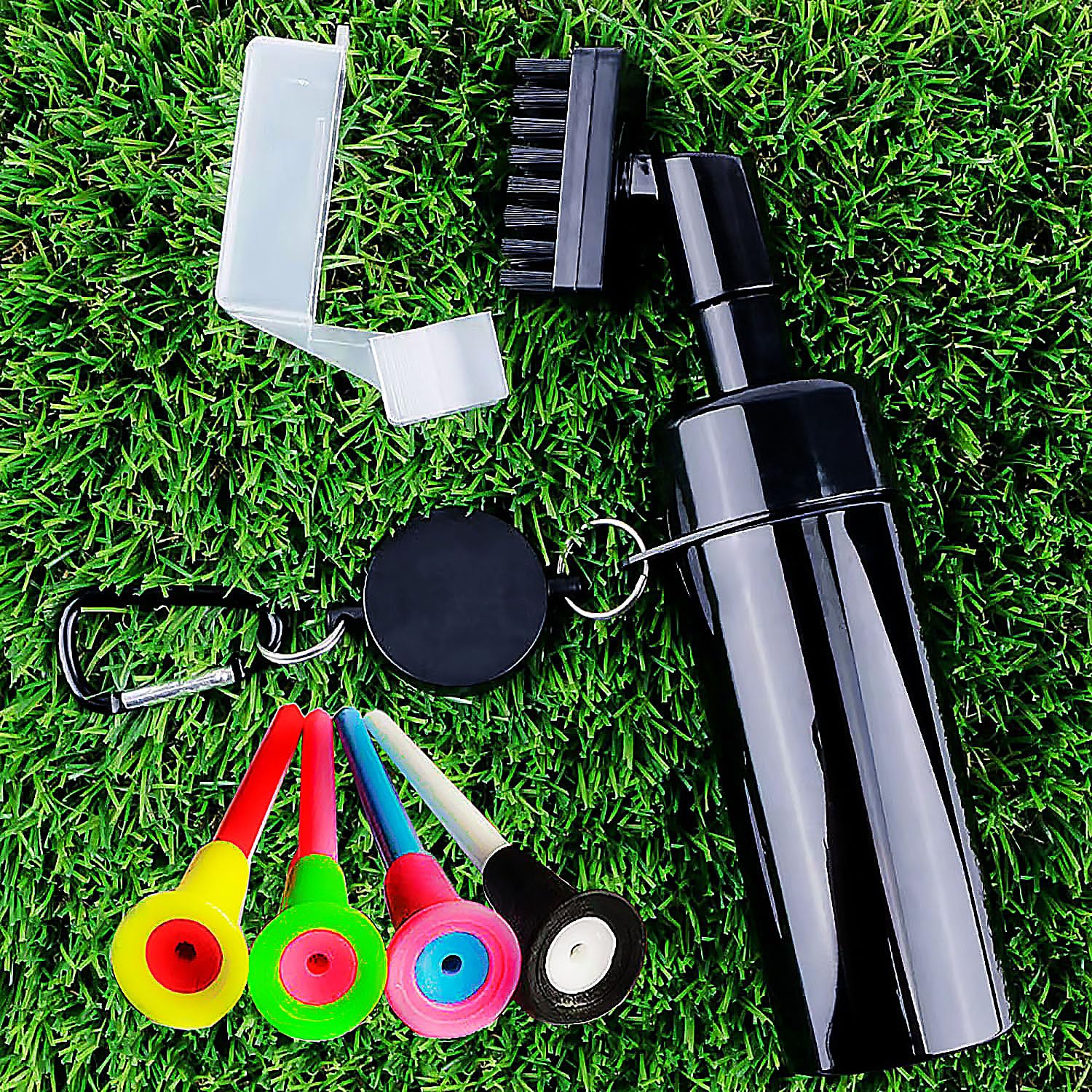 Golf Club Cleaner Brush Set, Spray Golf Water Brush, Retractable Golf Club Cleaner Brush with 2.5ft Retractable Zip-Line & Golf Ball Tees & Squeeze Water Bottle 7.5'' Holds 5oz of Water, Gift for Men