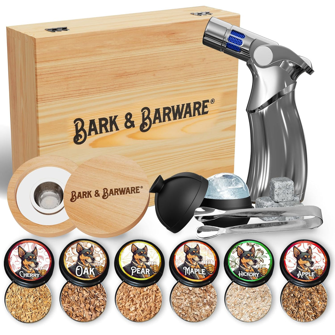 Bark & Barware Premium Cocktail Smoker Kit with Torch - Brown Wood Box, Silver Tools, 6 Flavors Wood Chips - Old Fashion Bourbon Smoker Kit - Smoking Cocktails, Drinks & Mixology (no Butane)