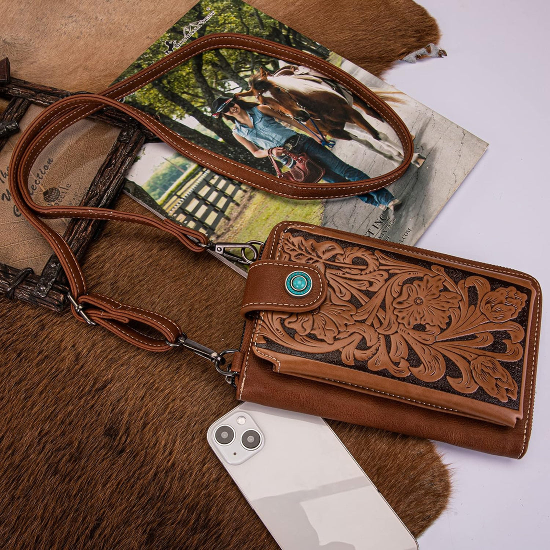 Montana West Crossbody Cell Phone Purse For Women Western Style Phone Bags Travel Size With Strap, Genuine Leather Brown, Small