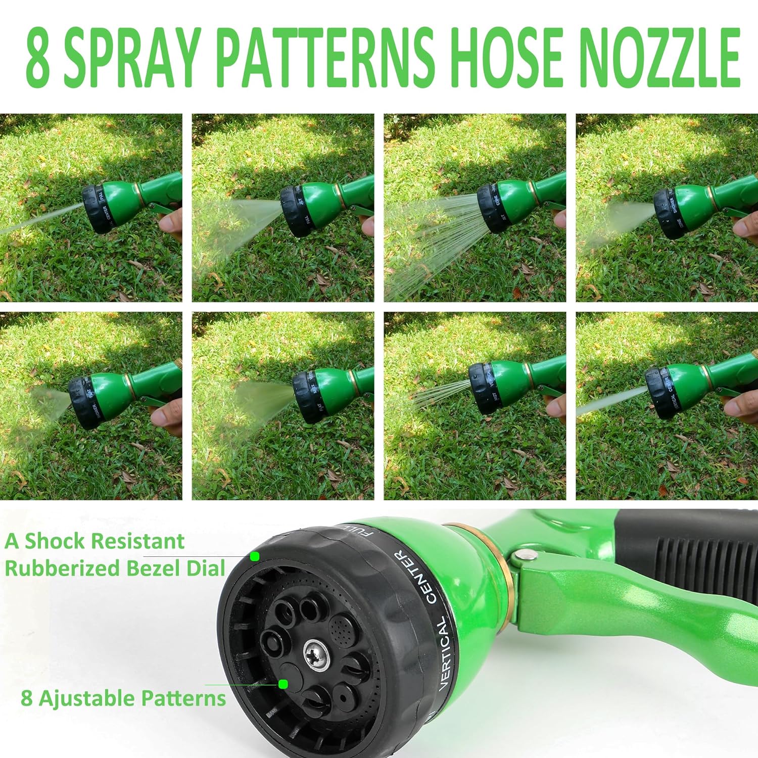STYDDI 8-Pattern Garden Hose Nozzle Heavy Duty, Metal Water Hose Nozzle Sprayer, High Pressure Front Trigger Turret Hose Nozzle for Plant Watering, Car Washing, Window Cleaning, Pet Showering, Green