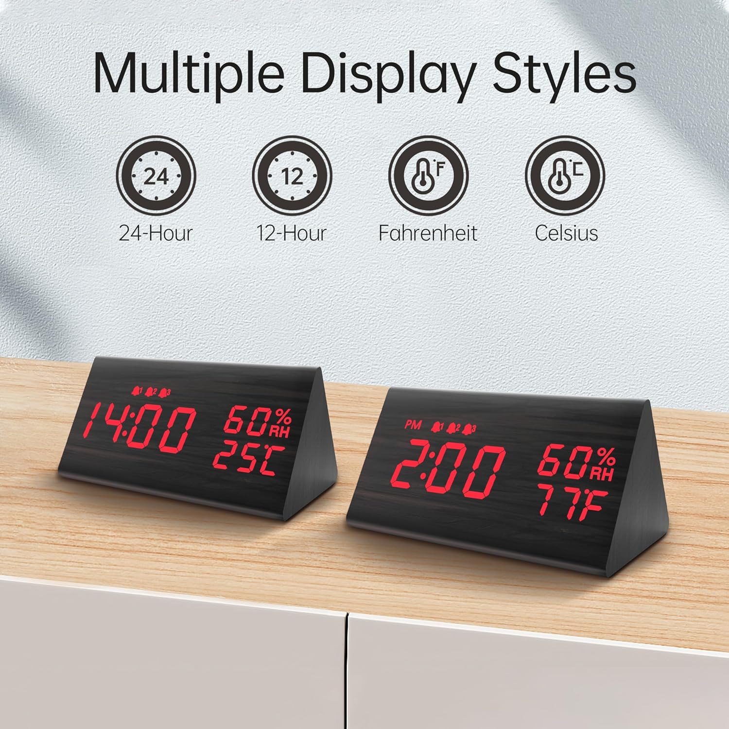 Digital Alarm Clock, with Wooden Electronic LED Time Display, 3 Alarm Settings, Humidity & Temperature Detect, Wood Made Electric Clocks for Bedroom, Bedside, Red Digit Display