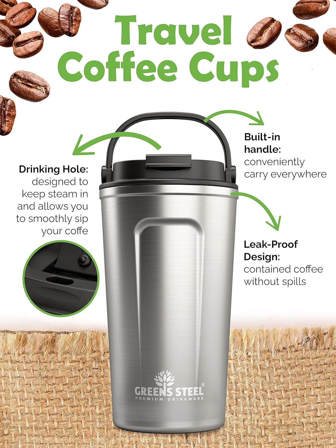 Reusable Coffee Cup with Lid and Handle - Stainless Steel Insulated Coffee Mug for Hot & Cold Drinks - Ideal Travel Mugs - 100% Leak-Proof Tumbler - 16 oz Steel