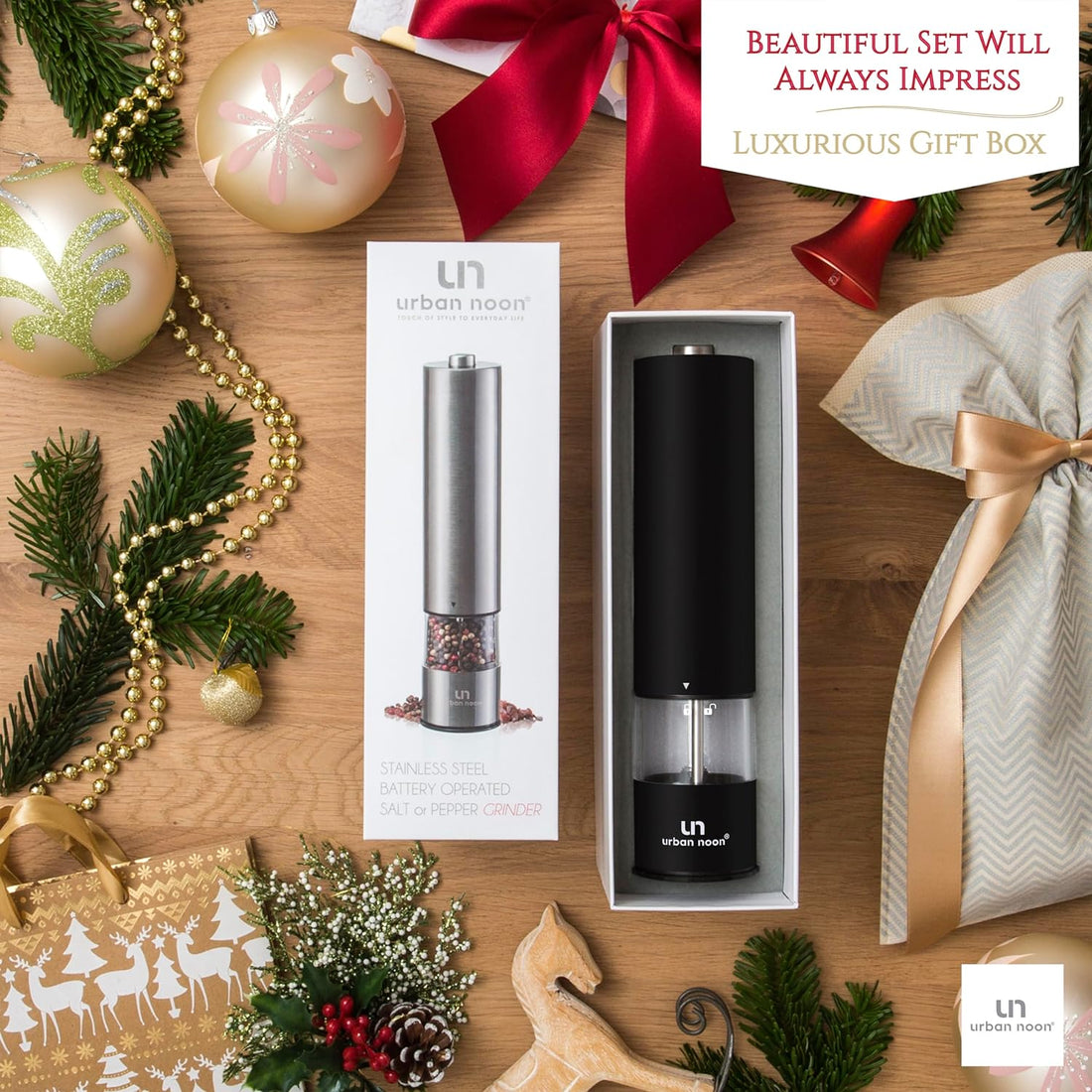 Electric Pepper Grinder or Electric Salt Grinder - Single Battery Operated Stainless Steel Salt or Pepper Mill with Light (Black) - Automatic One Handed Operation with Adjustable Ceramic Grinder
