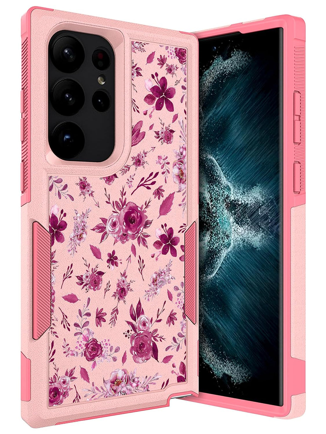 Glisten - Samsung Galaxy S23 Ultra Case, S23 Ultra 5G Case - Floral Burgundy Pattern Design Printed Heavy Duty Military Grade Protection Shockproof Pink Armor Phone Case for S23 Ultra 5G for Girls