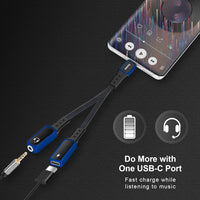 【Upgraded】USB C to 3.5mm Audio Adapter and Charger,Xumee 2-in-1 USB-C splitter Aux and Charging, Type C Headphones Mic Jack Dongle Compatible with Pixel 5 4 XL, Galaxy S22 S21 S20 S20+ Note 20(Blue)