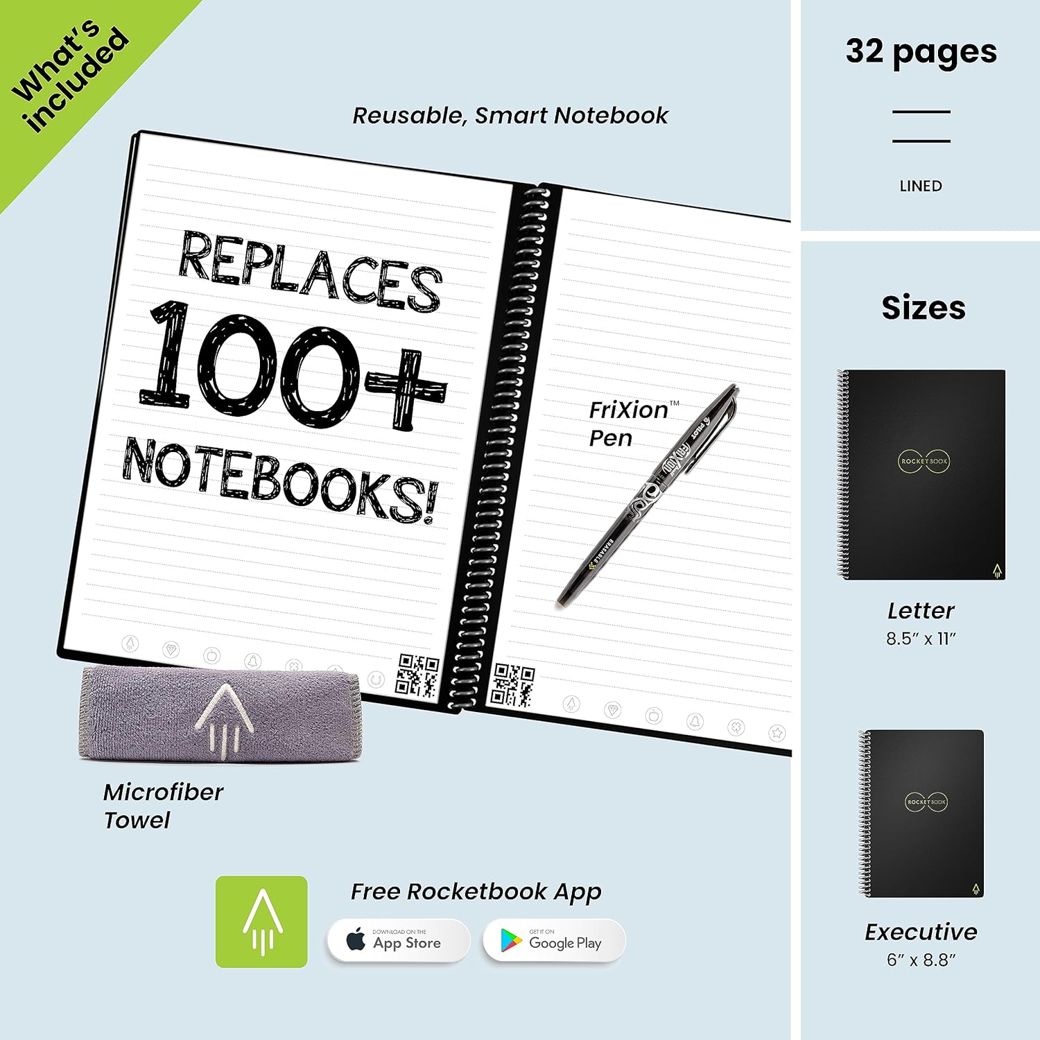 Rocketbook Smart Reusable Notebook - Lined Eco-Friendly Notebook with 1 Pilot Frixion Pen & 1 Microfiber Cloth Included - Infinity Black Cover, Letter Size (8.5" x 11")
