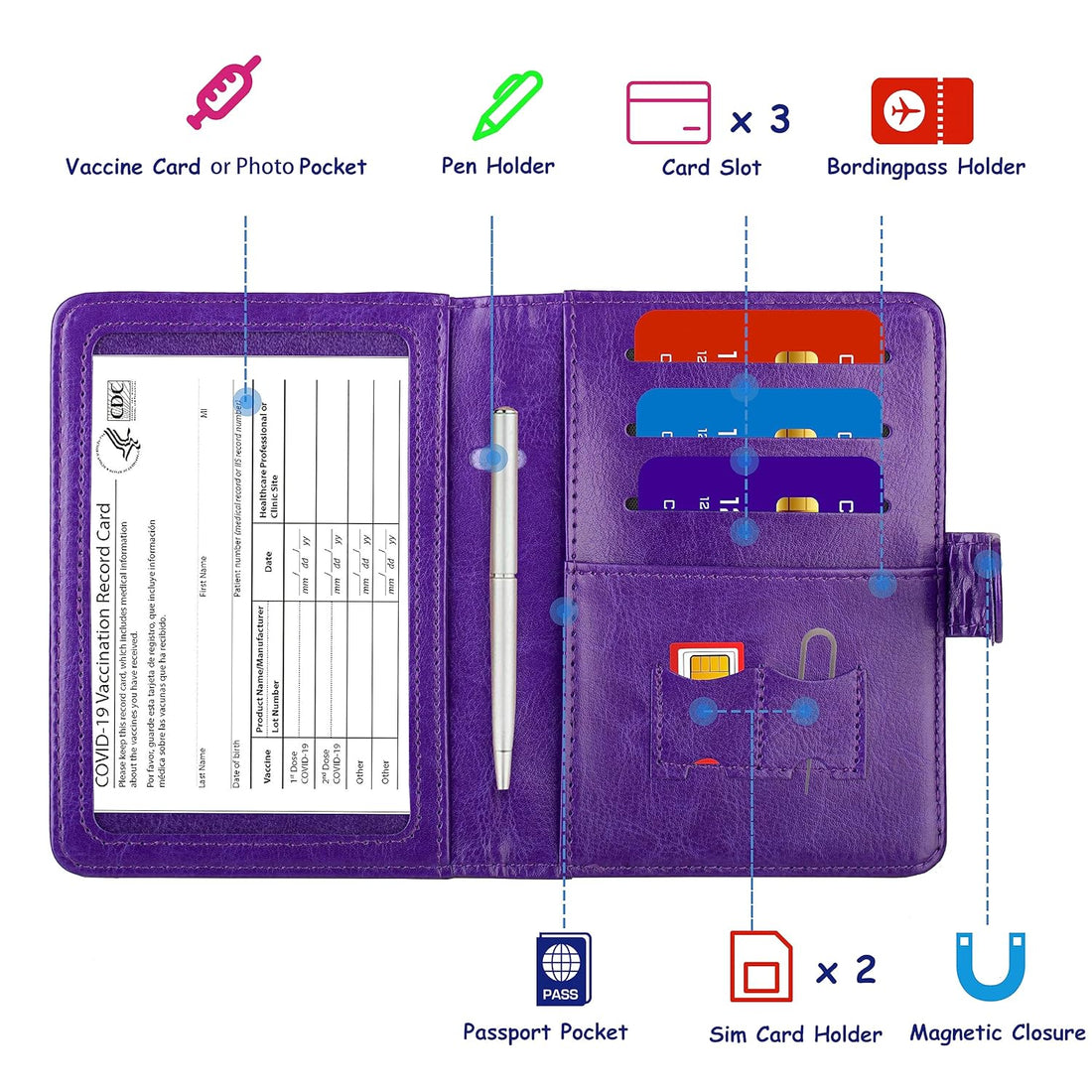 TOURSUIT RFID Passport and Vaccine Card Holder Combo, Travel Document Holder Case Cover, Leather Travel Passport Wallet Organizer Women with Vax Vaccination Card Protector Slot 4x3, Purple, Passport and Vaccine Card Holder Combo