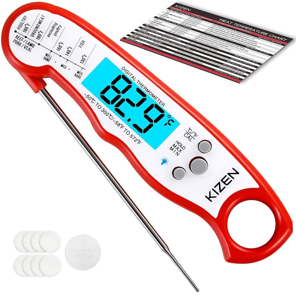 Instant Read Meat Thermometer - Best Waterproof Ultra Fast Thermometer with Backlight & Calibration. Kizen Digital Food Thermometer for Kitchen, Outdoor Cooking, BBQ, and Grill! (Red)