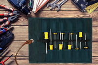 Tool Roll Up Pouch, Heavy Duty 16oz Waxed Canvas Tool Bag, Multi-Purpose Chisel Pouch - 10 Pockets & 1 Tie Rope | Dark Green | 14" L x 9" W