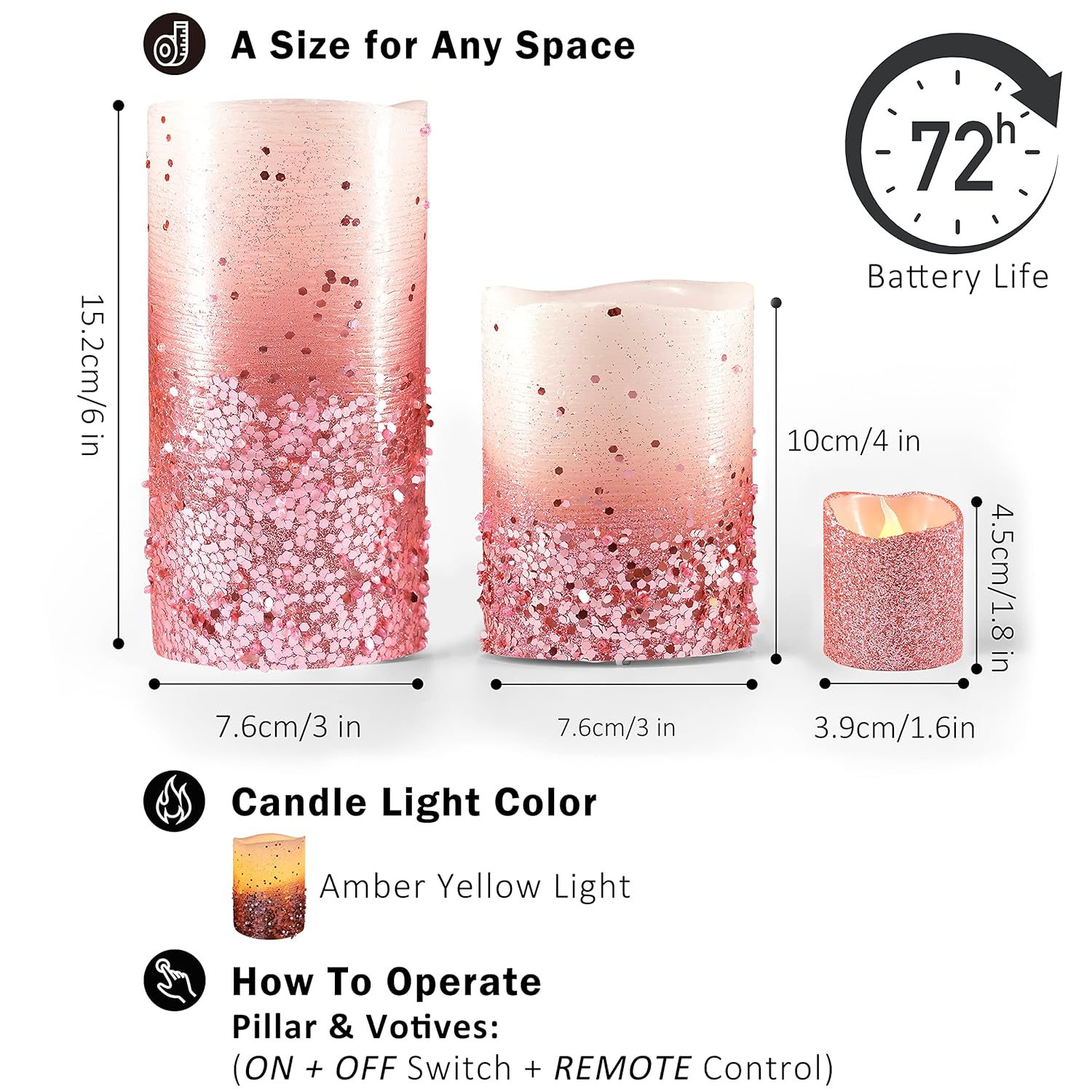 FURORA LIGHTING LED Flameless Candles with Remote – Battery-Operated Flameless Candles Bulk Set of 8 Fake Candles – Small Flameless Candles & Christmas Centerpieces for Tables, Rose Gold Glittery