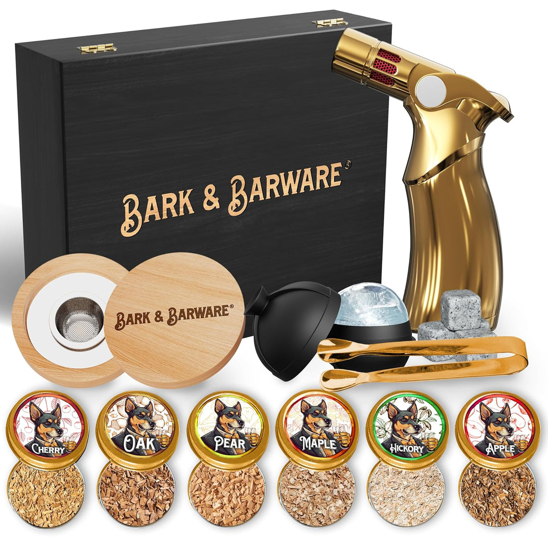 Bark & Barware Premium Cocktail Smoker Kit with Torch - Black Wood Box, Gold Tools, 6 Flavors Wood Chips - Old Fashion Bourbon Smoker Kit - Smoking Cocktails, Drinks & Mixology (no Butane)
