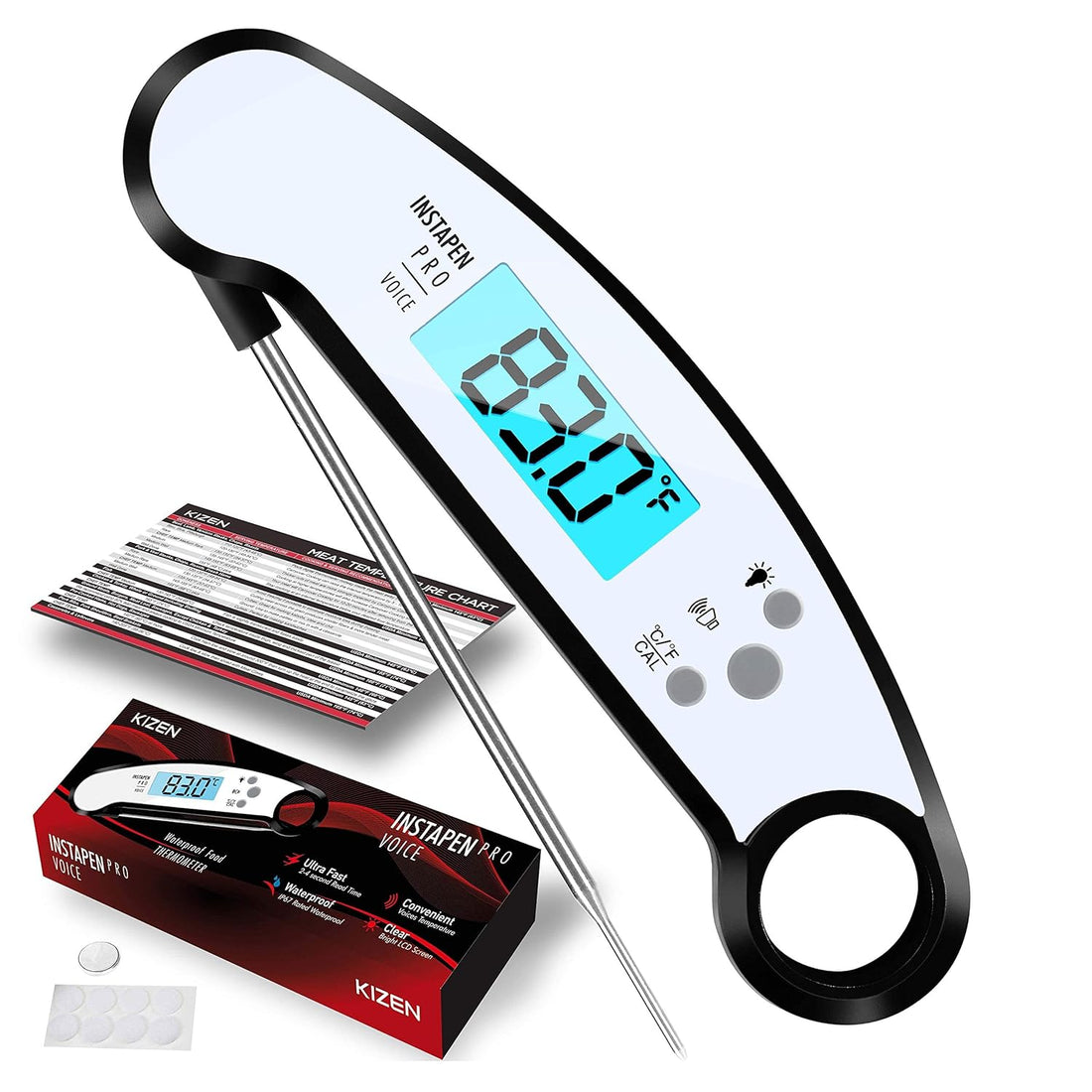 Kizen Instapen Pro Instant Read Meat Thermometer - Best Waterproof Thermometer with Talking Function, Backlight & Calibration. Digital Food Thermometer for Kitchen, Outdoor Cooking, BBQ, and Grill!