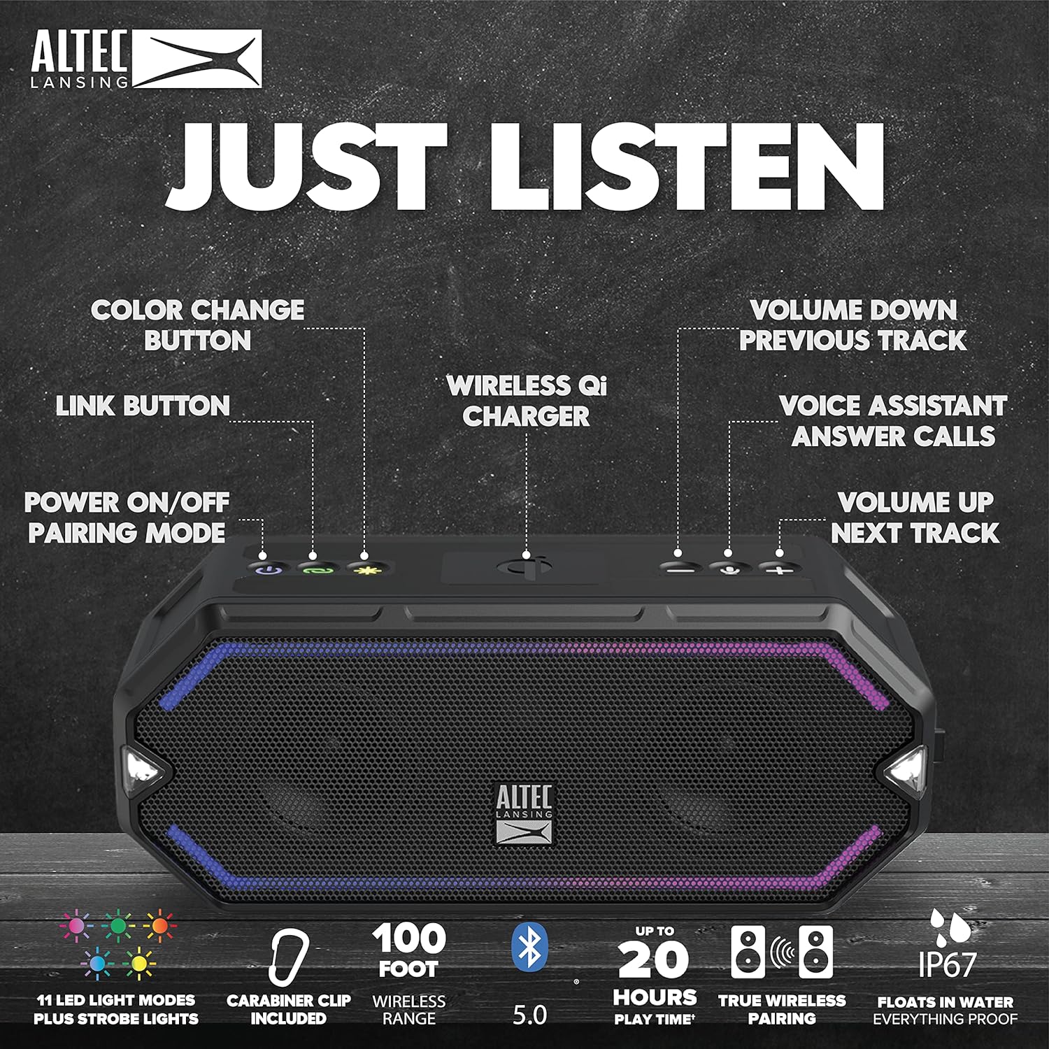 Altec Lansing HydraBlast Wireless Portable Bluetooth Speaker, IP67 Waterproof for Parties, USB C Rechargeable Outdoor Speakers with Built in Phone Charger and LED Lights, 20 Hour Playtime (Black)