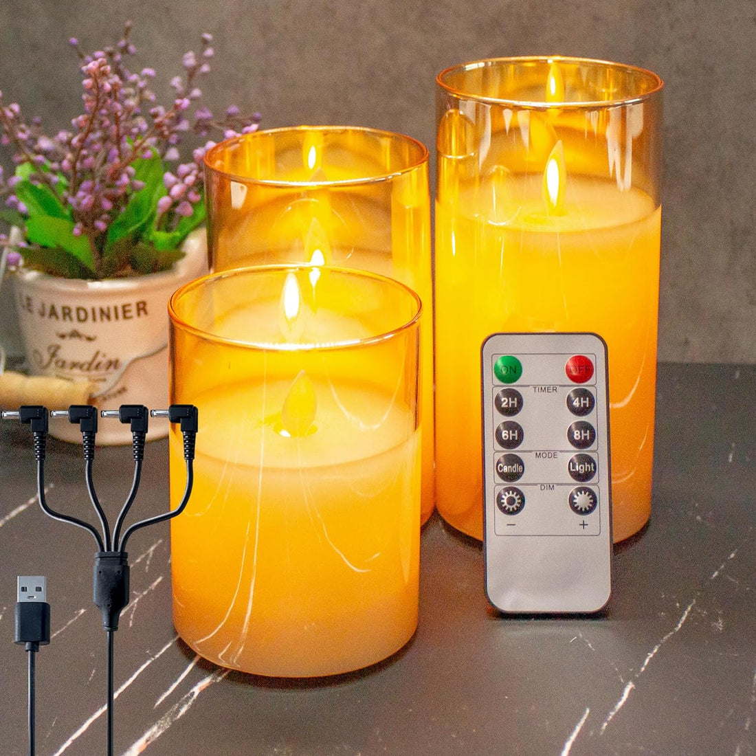 LEDHOLYT Flameless Candle Set, Flickering LED Pillar Candle with Remote Control and Timer, Upgraded Swing Wick, Built-in Battery Rechargeable Teal Glass Electronic Candles, Set of 3