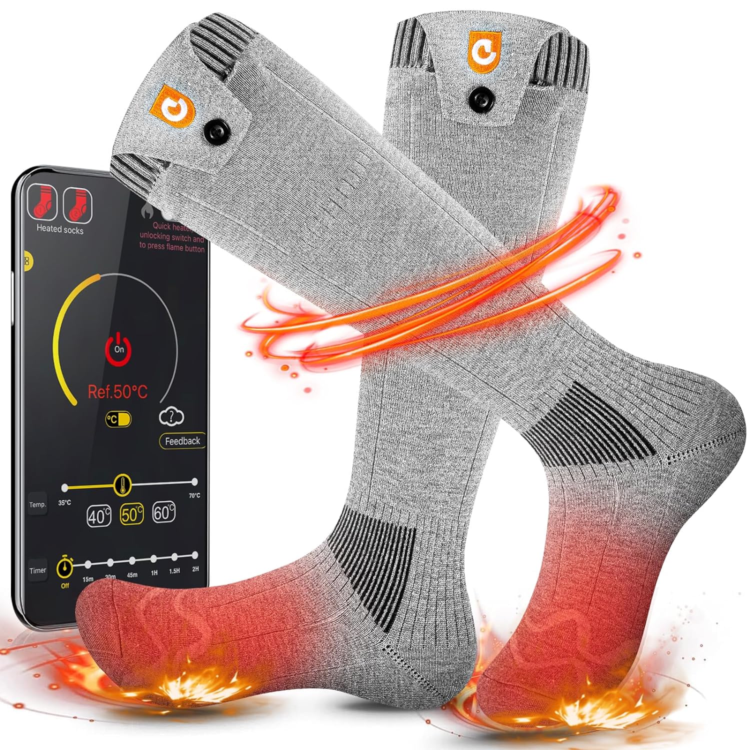 Heated Socks for Men Women, 5000mAh APP Control Battery Heated Socks Rechargeable Washable, Electric Socks Foot Warmer for Hiking Biking Camping Skiing Hunting Outdoor Work, Heating Socks (Gray)