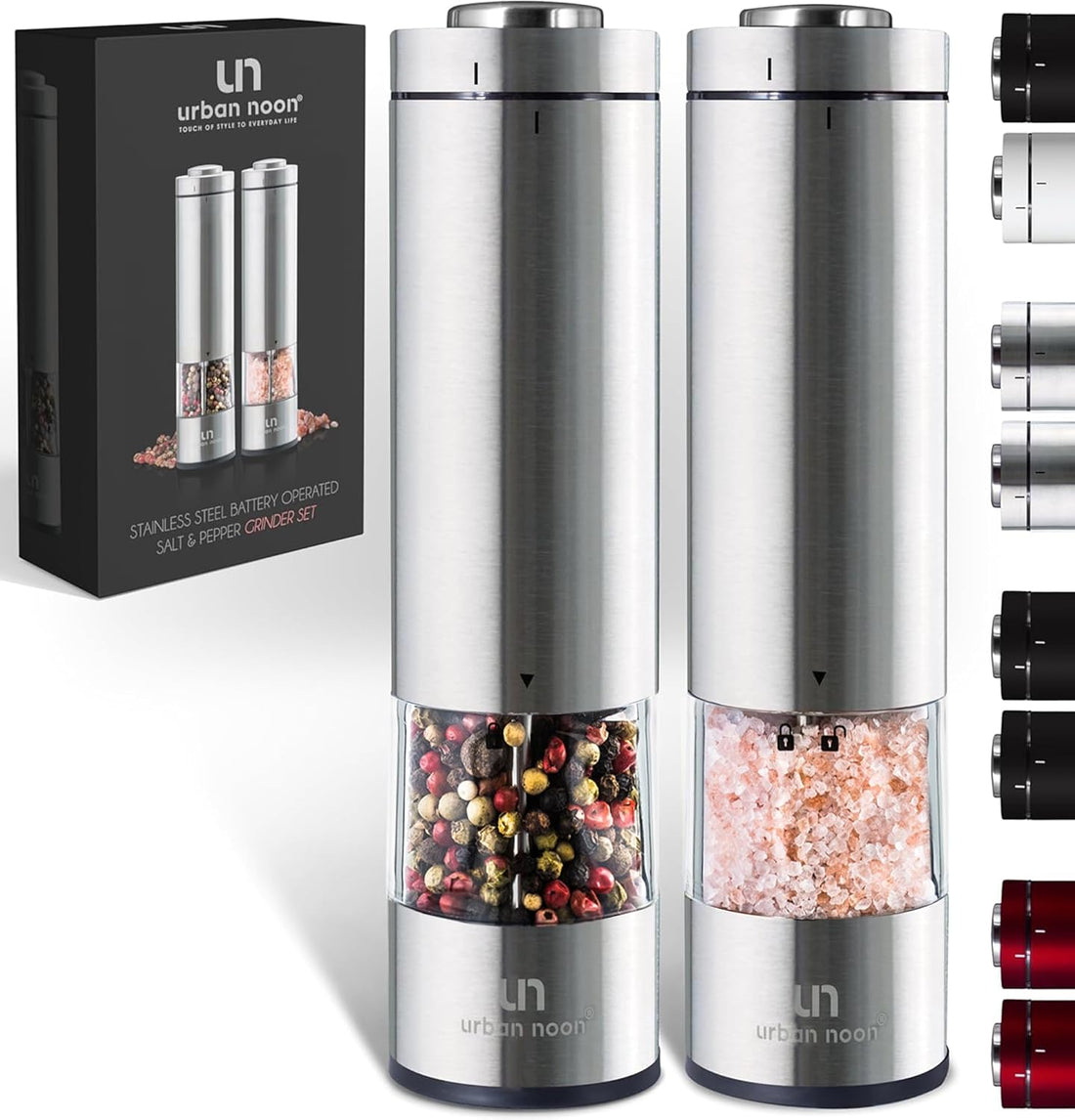 Electric Salt and Pepper Grinder Set - Battery Operated Stainless Steel Mill with Light (2 Mills) - Automatic One Handed Operation - Electronic Adjustable Shakers - Ceramic Grinders