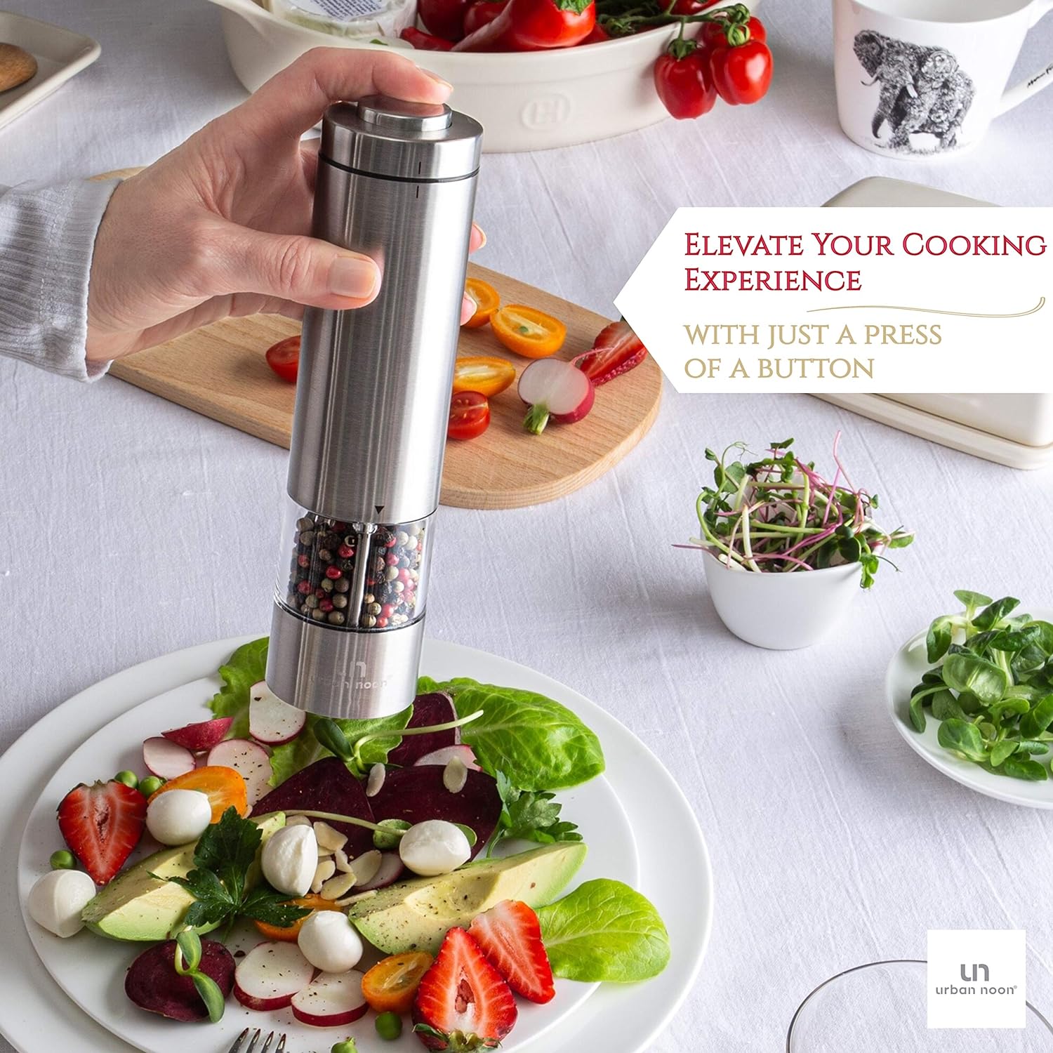 Electric Pepper Grinder or Salt Grinder - Battery Operated Stainless Steel Pepper Mill with Light - One Handed Operation - Adjustable Ceramic Grinder