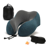 Travel Pillow, 100% Memory Foam Neck Pillow with Comfortable Breathable Cover, Airplane Travel Kit Cooling Pillow with 3D Eye Mask, Ear Plugs and Organizer Bag, Machine Washable, Grey/Blue (Green)