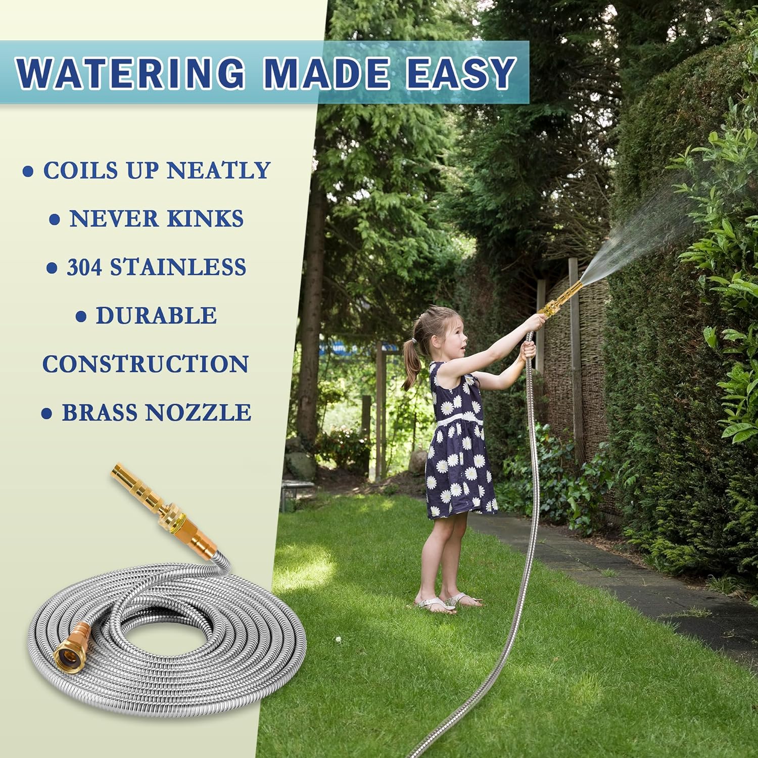 Metal Garden Hose 304 Stainless Steel Water Hose Heavy Duty Water Hose with Metal Nozzle & 8 Function Sprayer, Portable & Lightweight Kink Free Yard Hose, Outdoor 100FT Hose