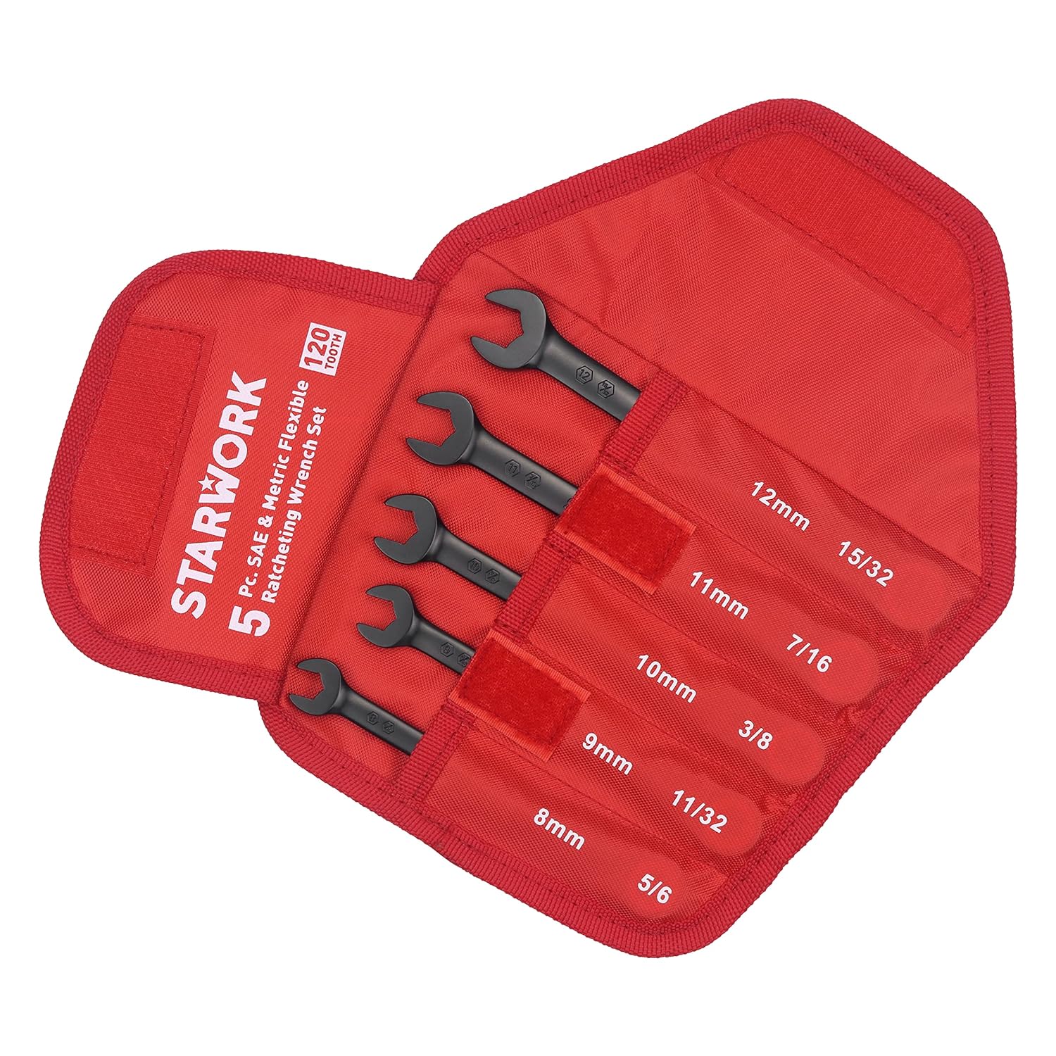 STARWORK TRUE MECHANIC™ 5Pc. 120T SAE&Metric Flexible Ratcheting Wrench Set, Professional, With Roll-Up Pouch Bag