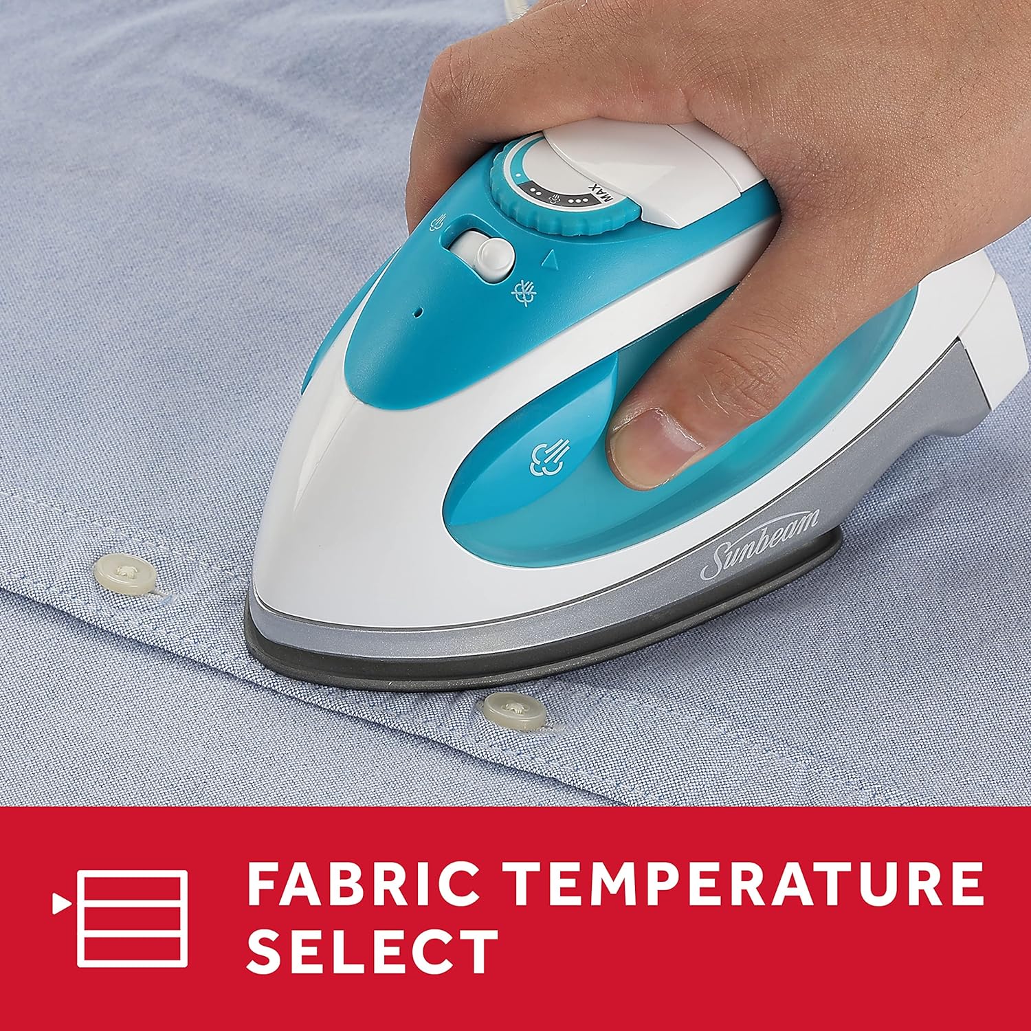 Sunbeam Travel Steam Iron, 1080 Watt, Dual Voltage 120/240, Compact Size, Portable, Non-Stick Soleplate, Soft Touch Handle, Horizontal or Vertical Use, Travel Bag, White and Teal