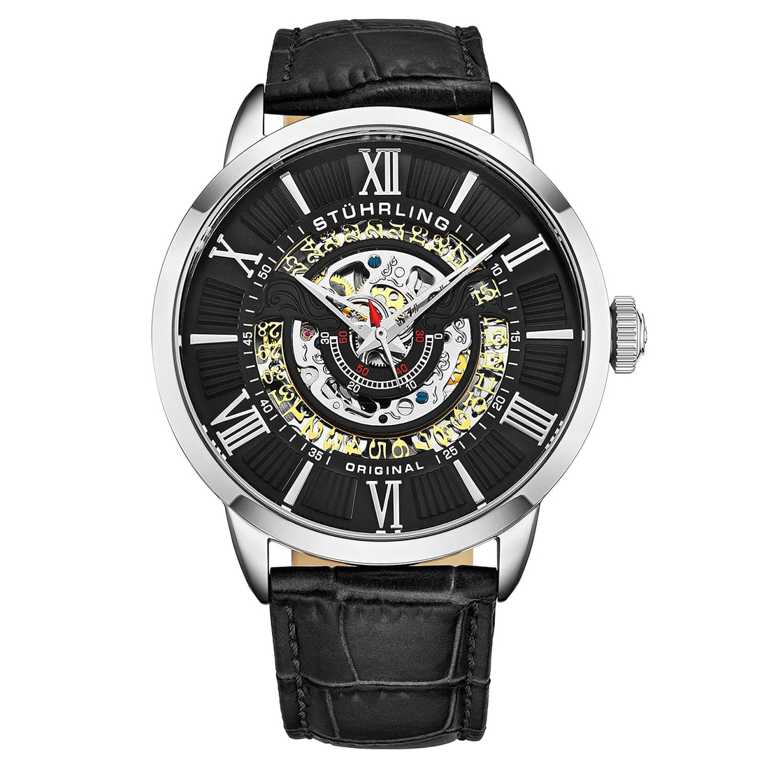 Stuhrling Original Mens Automatic Watch Skeleton Stainless Steel Self Winding Dress Watch with Premium Leather Band Legacy Collection, Black, Automatic Watch