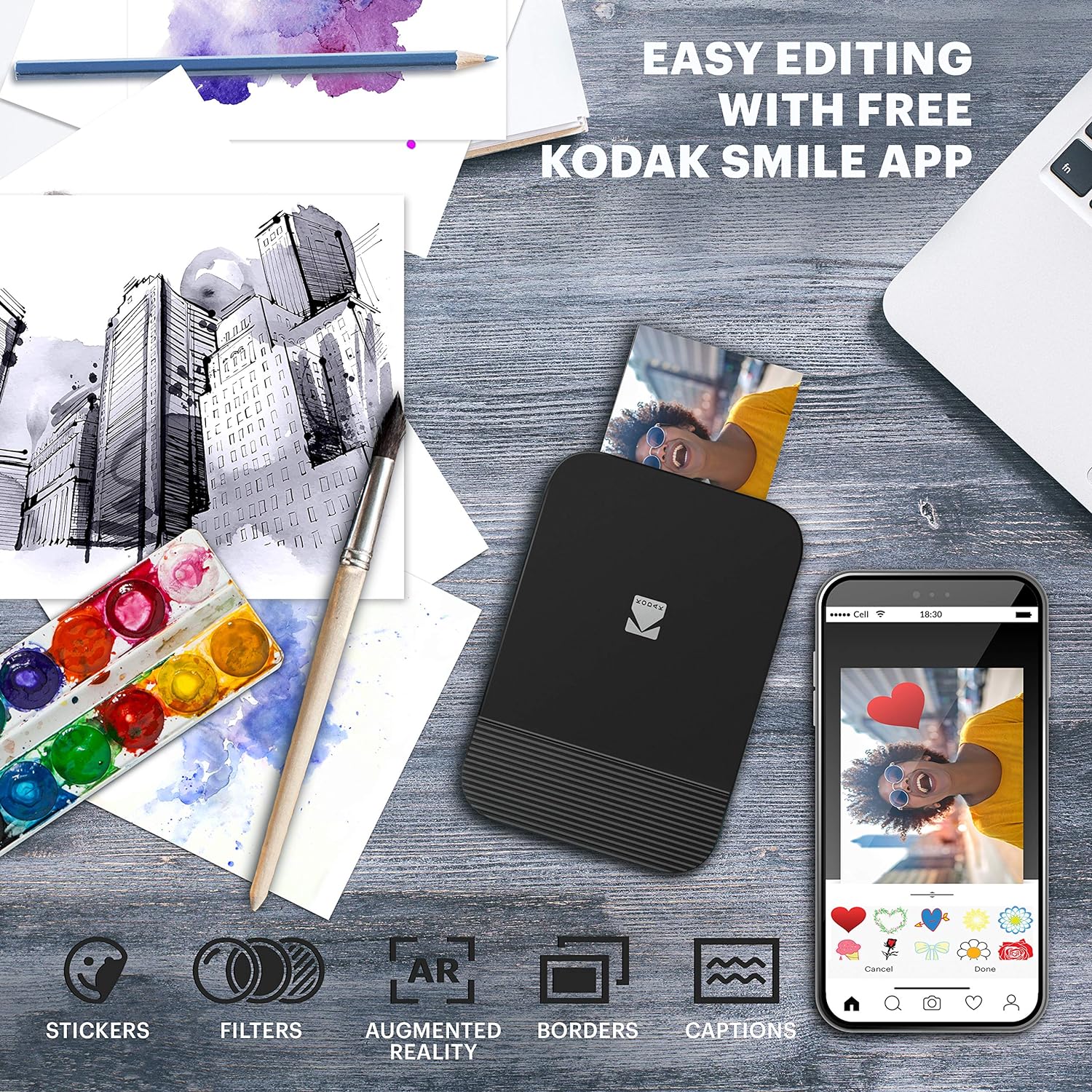 KODAK Smile Instant Digital Printer – Pop-Open Bluetooth Mini Printer for iPhone & Android – Edit, Print & Share 2x3 Zink Photos w/Free Smile App – Black/White