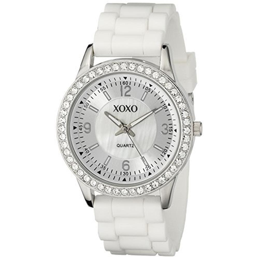 XOXO Women's Rhinestone Bezel Watch with White Silicone – Front View